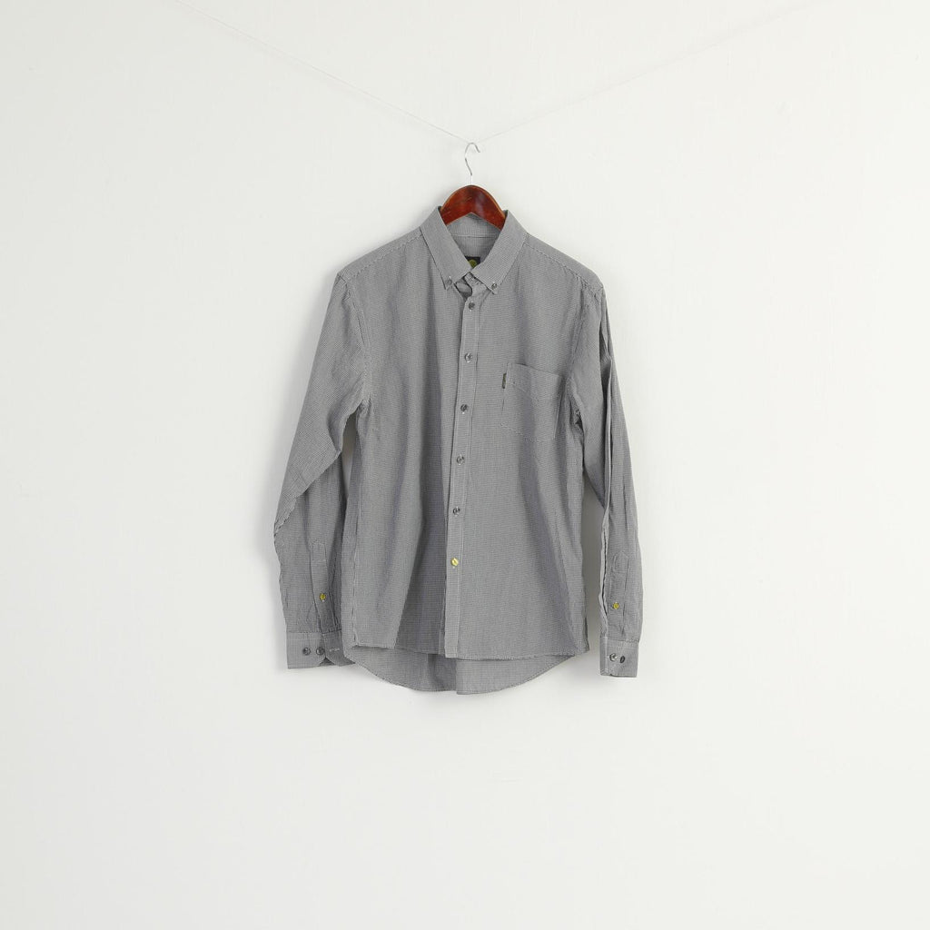 Pretty Green Men L Casual Shirt Black White Check Cotton Long Sleeve Pocket Top