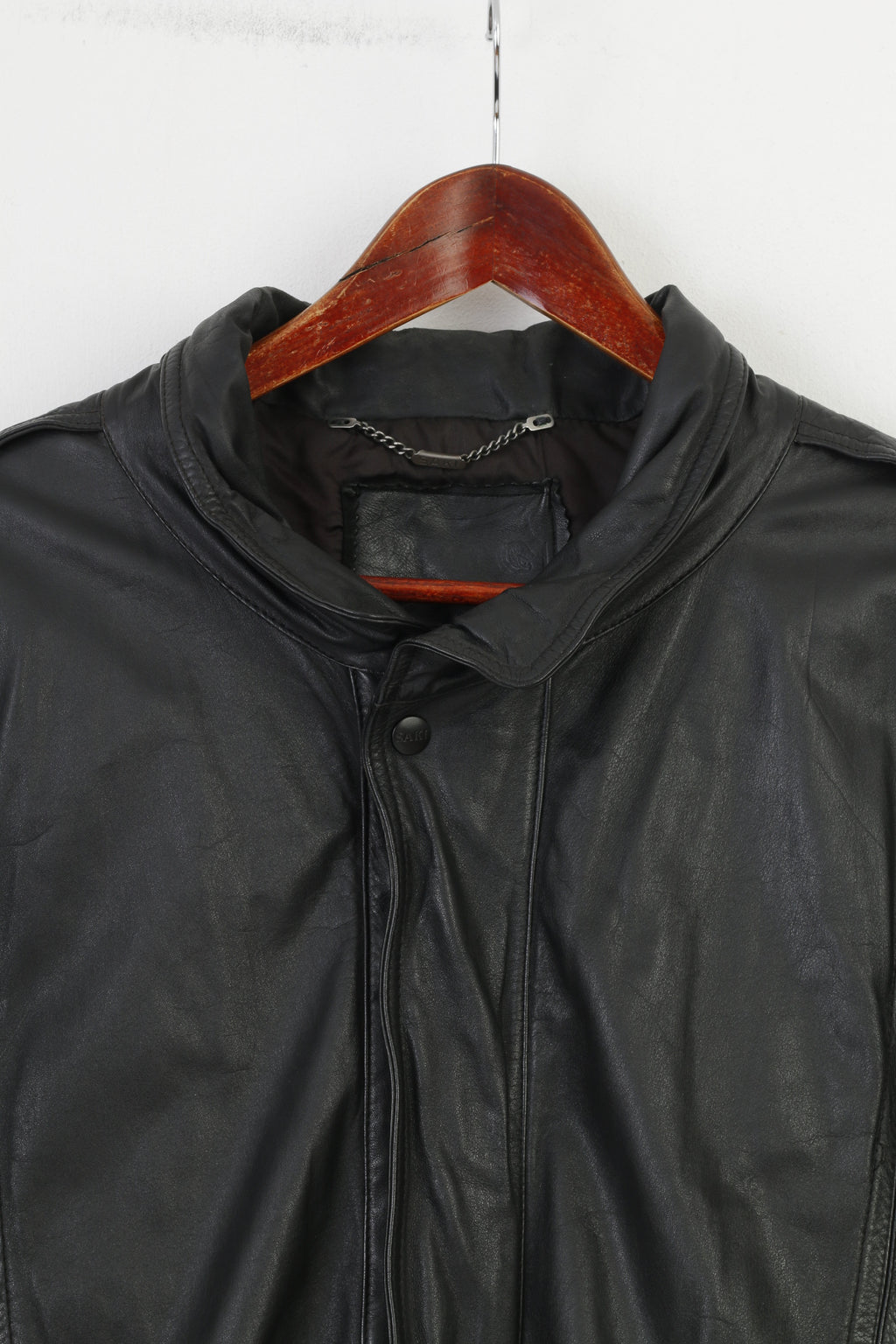 Saki Giacca in pelle da uomo L Vintage Nera Colletto con cerniera intera Tasche a maniche lunghe