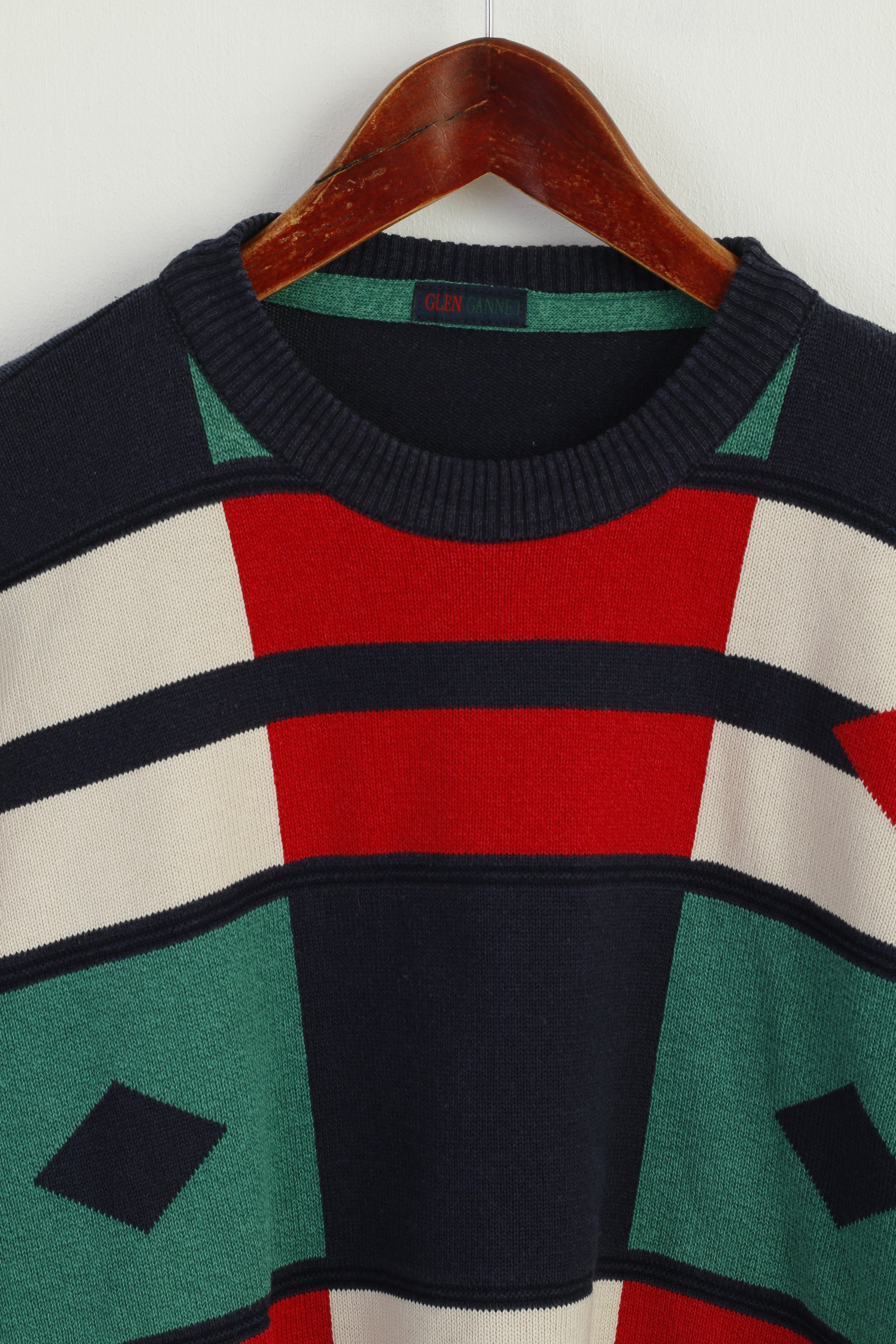 Glen Gannet Men M Jumper Navy Cotton Geometric Crew Neck Vintage Sweater