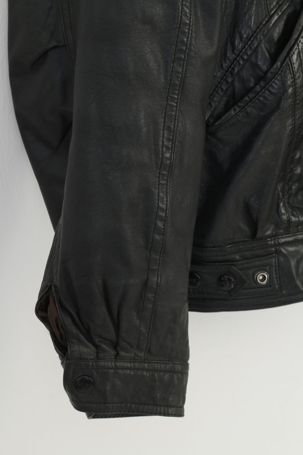 Saki Giacca in pelle da uomo L Vintage Nera Colletto con cerniera intera Tasche a maniche lunghe