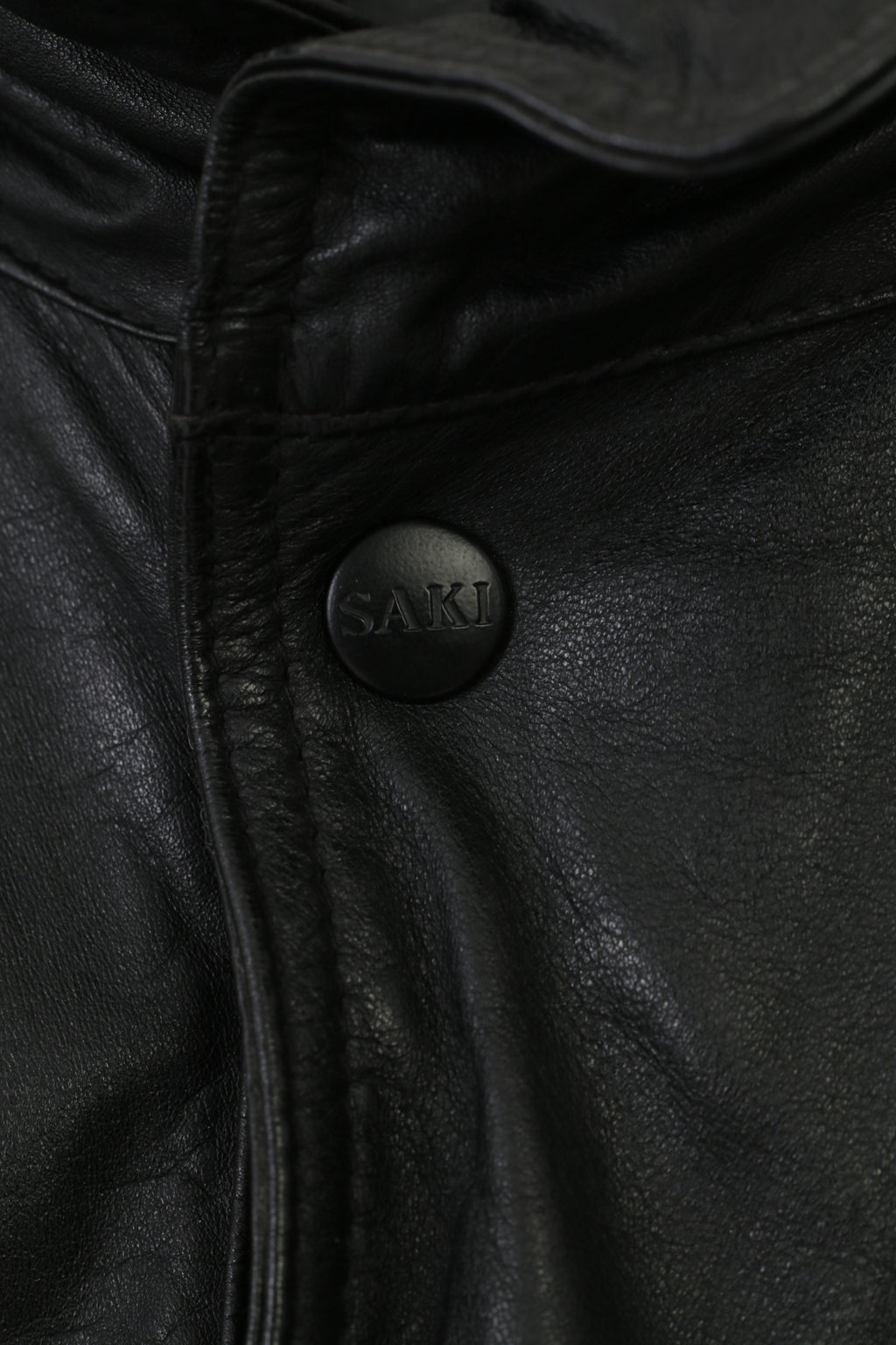 Saki Giacca in pelle da uomo L Vintage Nera Colletto con cerniera intera Tasche a maniche lunghe