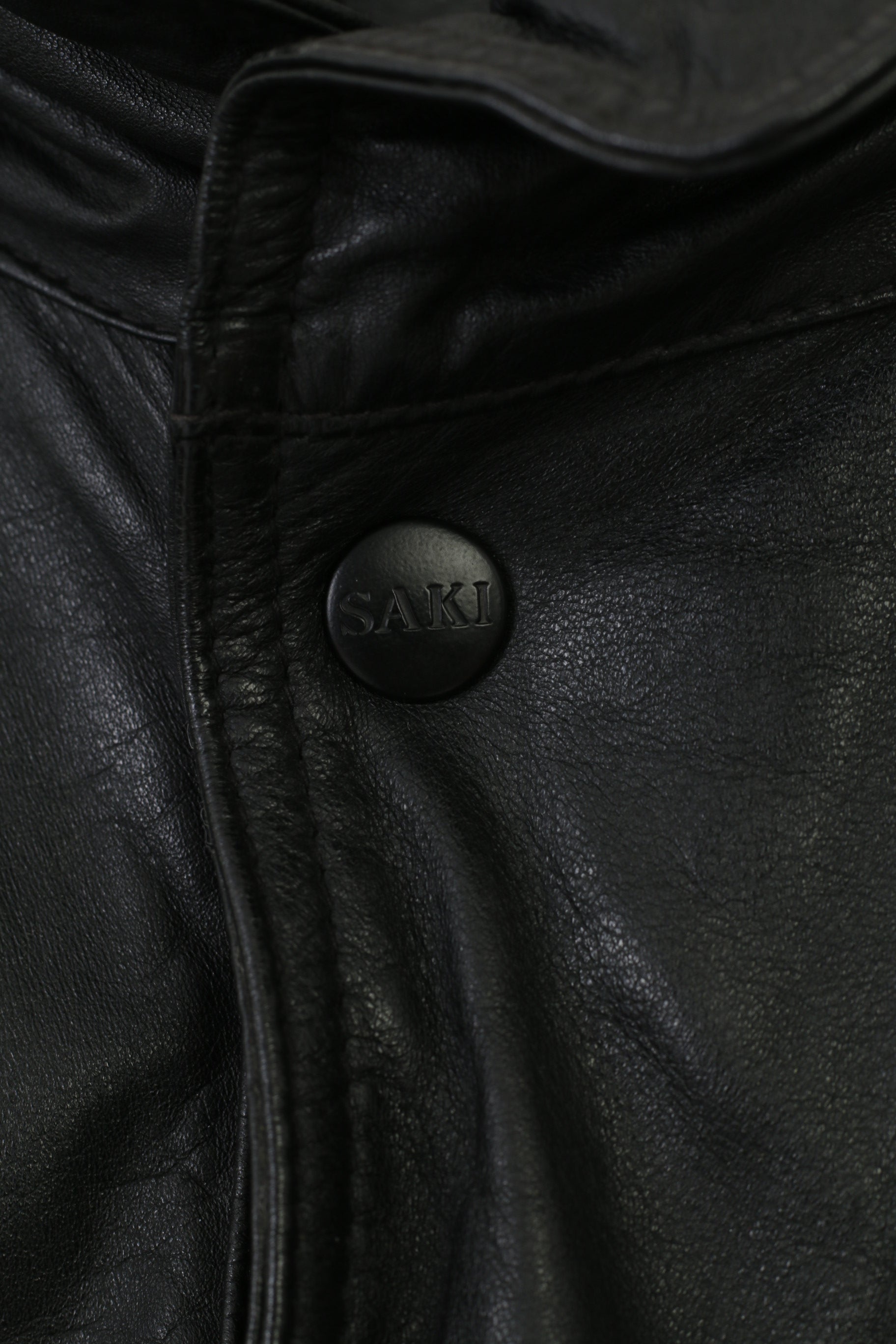 Saki Giacca in pelle da uomo L Vintage Nera Colletto con cerniera intera Tasche a maniche lunghe