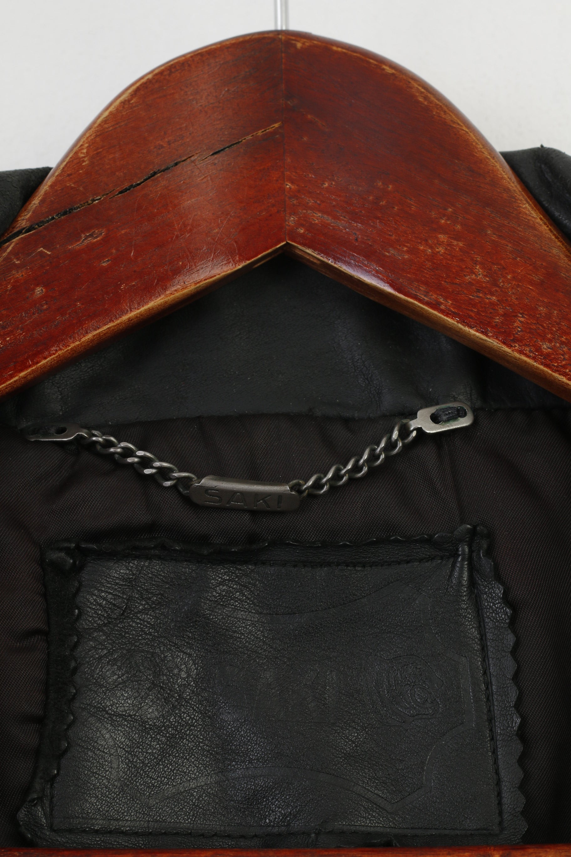 Saki Giacca in pelle da uomo L Vintage Nera Colletto con cerniera intera Tasche a maniche lunghe