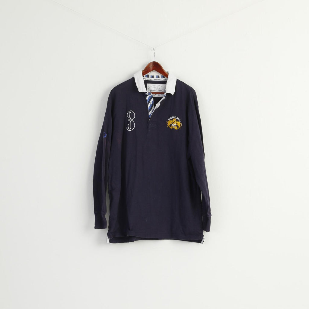 Raging Bull Men XL Polo Shirt Navy Cotton Long Sleeve Number 3 RFC Sport Top