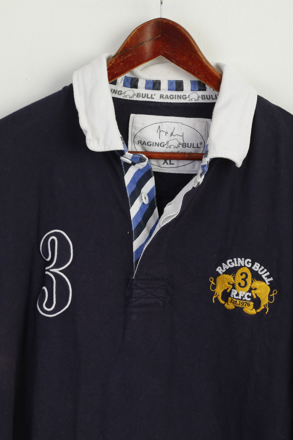Raging Bull Men XL Polo Shirt Navy Cotton Long Sleeve Number 3 RFC Sport Top