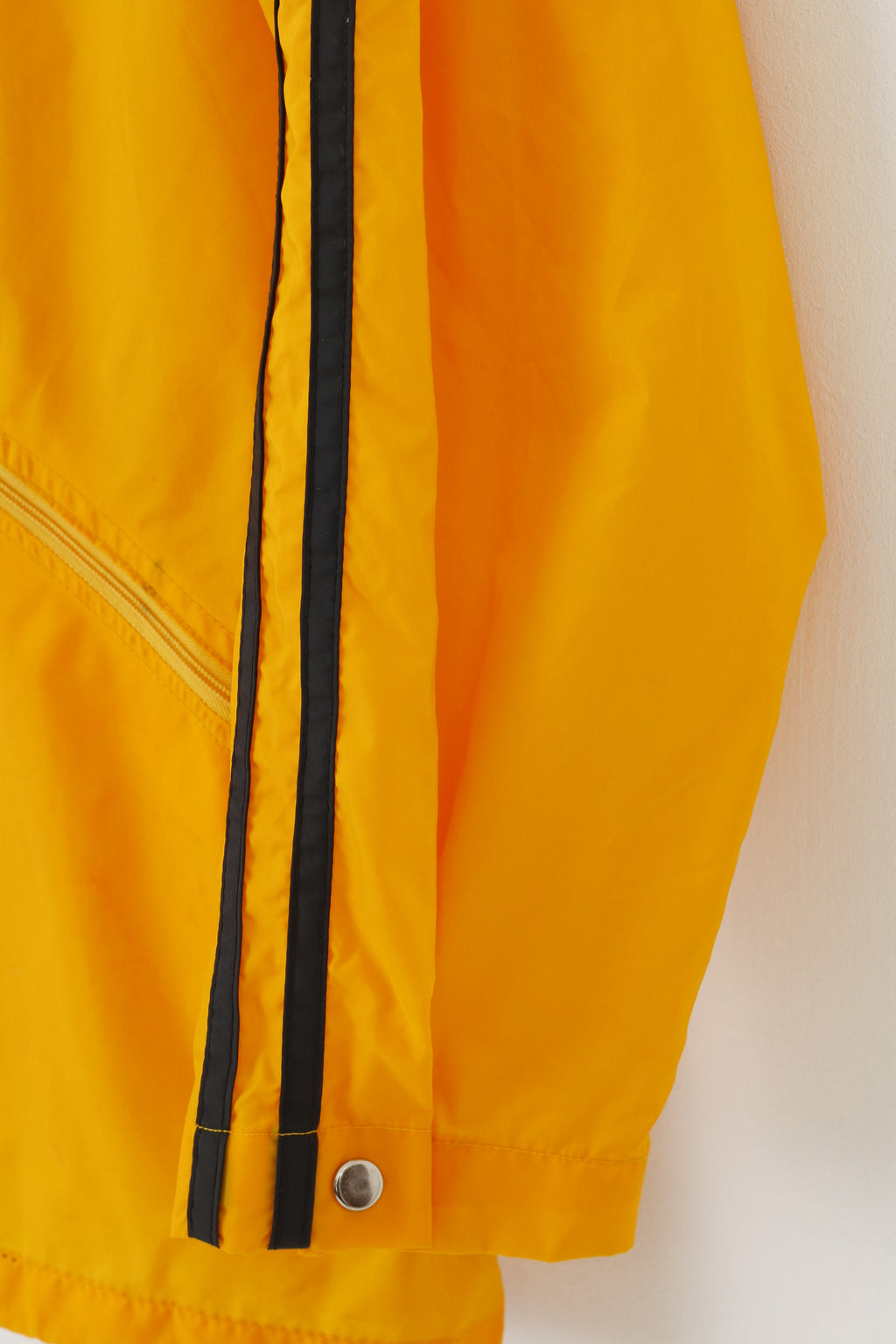 Vintage Men M Jacket Nylon Yellow Stripes Retractable Hood Full Zipper Long Sleeve Waterproof Outwear Top