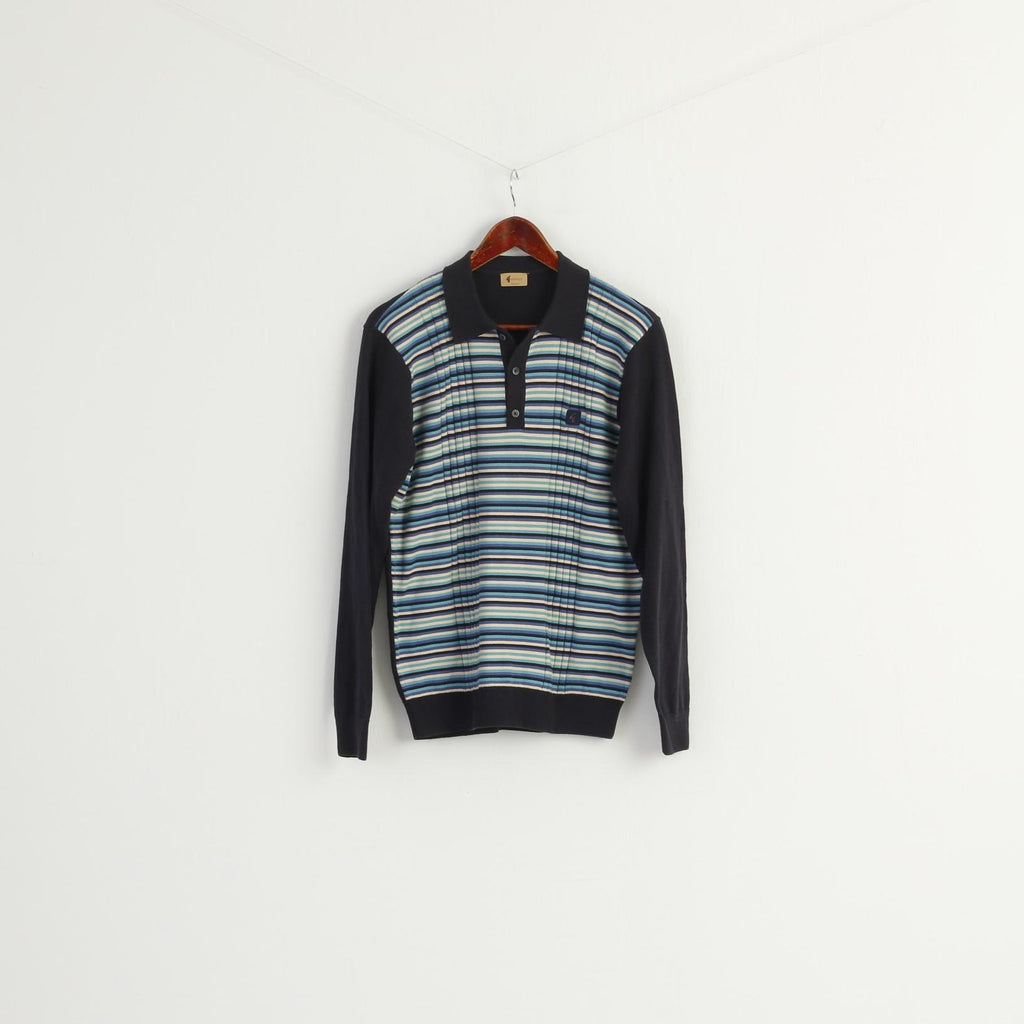 Gabicci Men L (M) Jumper Navy Striped Cotton Blend Collar Stretch Sweater