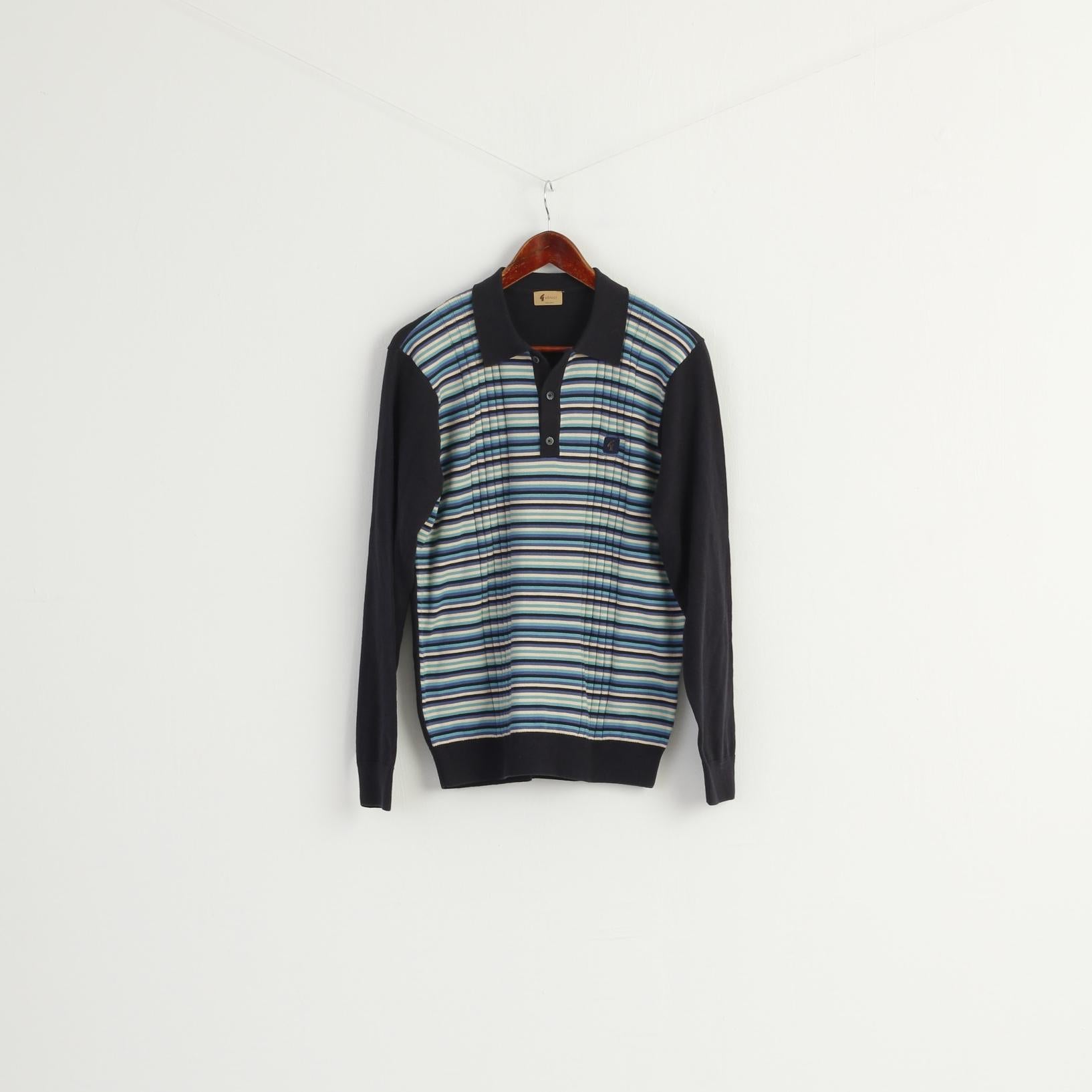 Gabicci Men L (M) Jumper Navy Striped Cotton Blend Collar Stretch Sweater