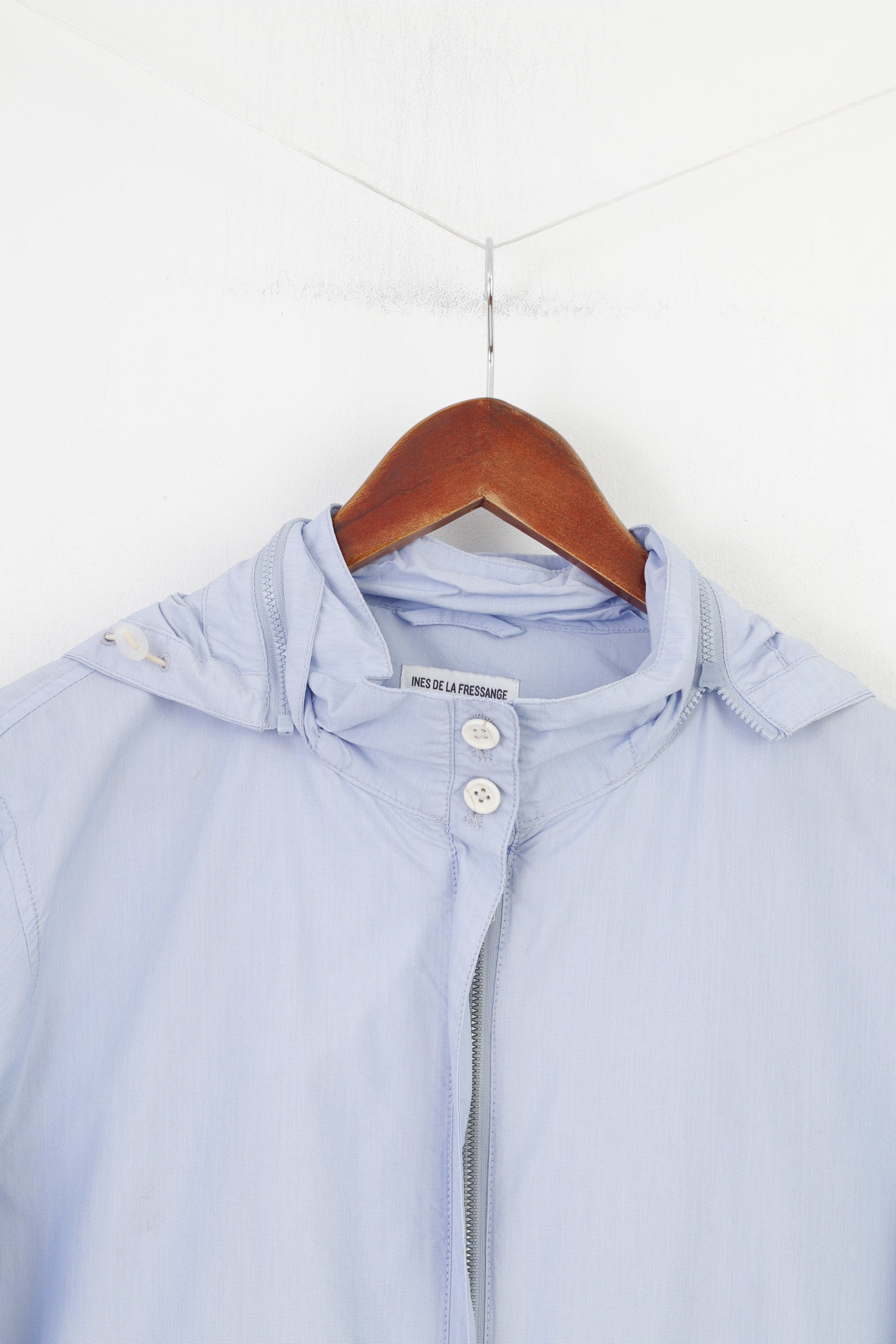 Ines De La Fressange Woman L Jacket Blue Cotton Full Zipper Paris Long Sleeve Detachable Hood Sport Outwear Top