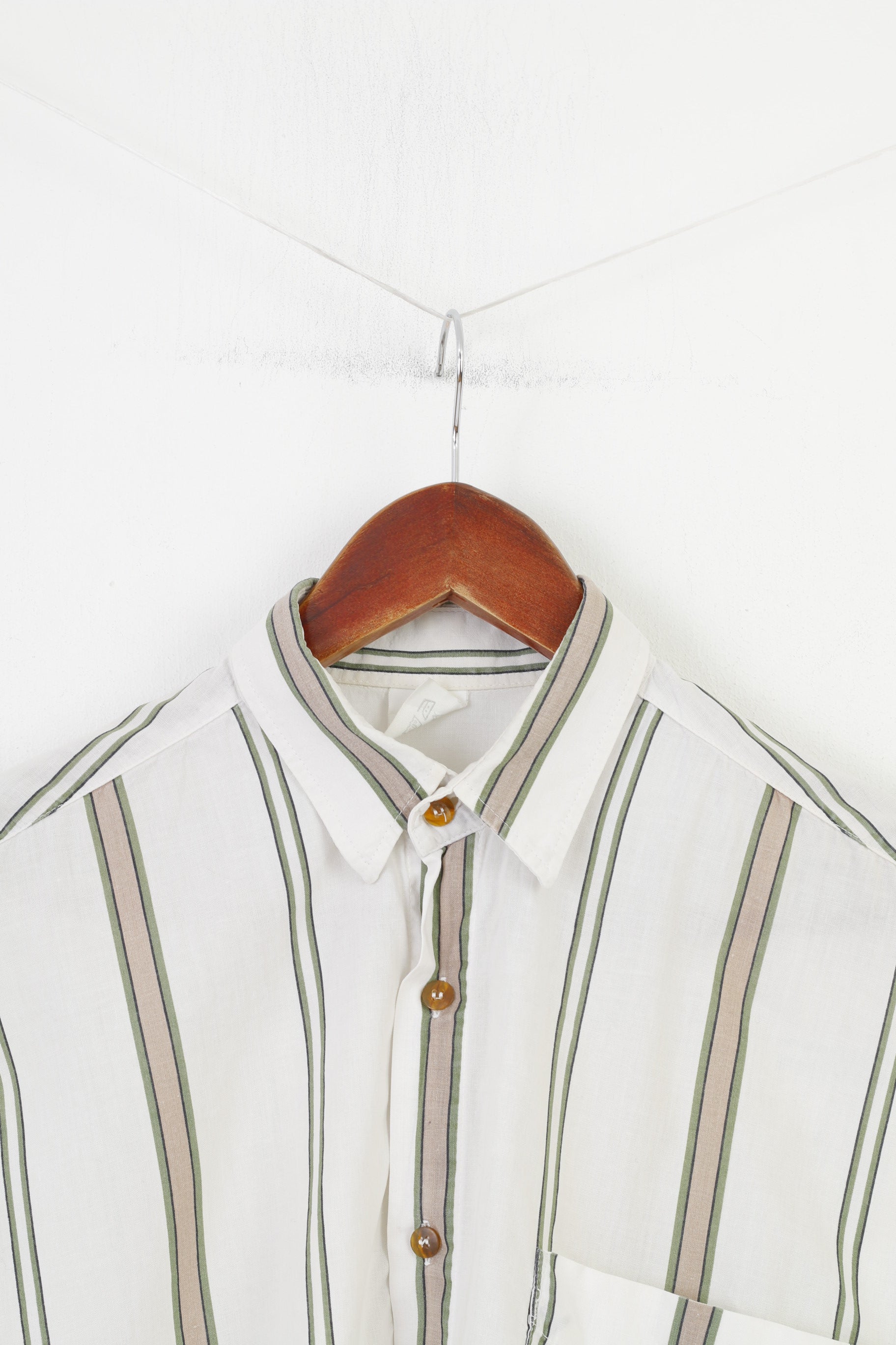 Vintage 37/38 M Men Casual Shirt Hawaii Striped White Cotton Short Sleeve Sportwear Collar Summer Top