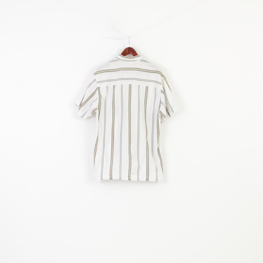 Vintage 37/38 M Men Casual Shirt Hawaii Striped White Cotton Short Sleeve Sportwear Collar Summer Top