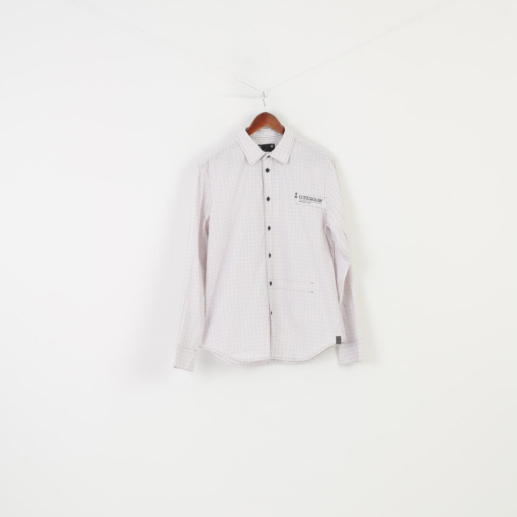G-Star Men XL M Casual Shirt Checkered White Long Sleeve Collar Cotton Elegant Top