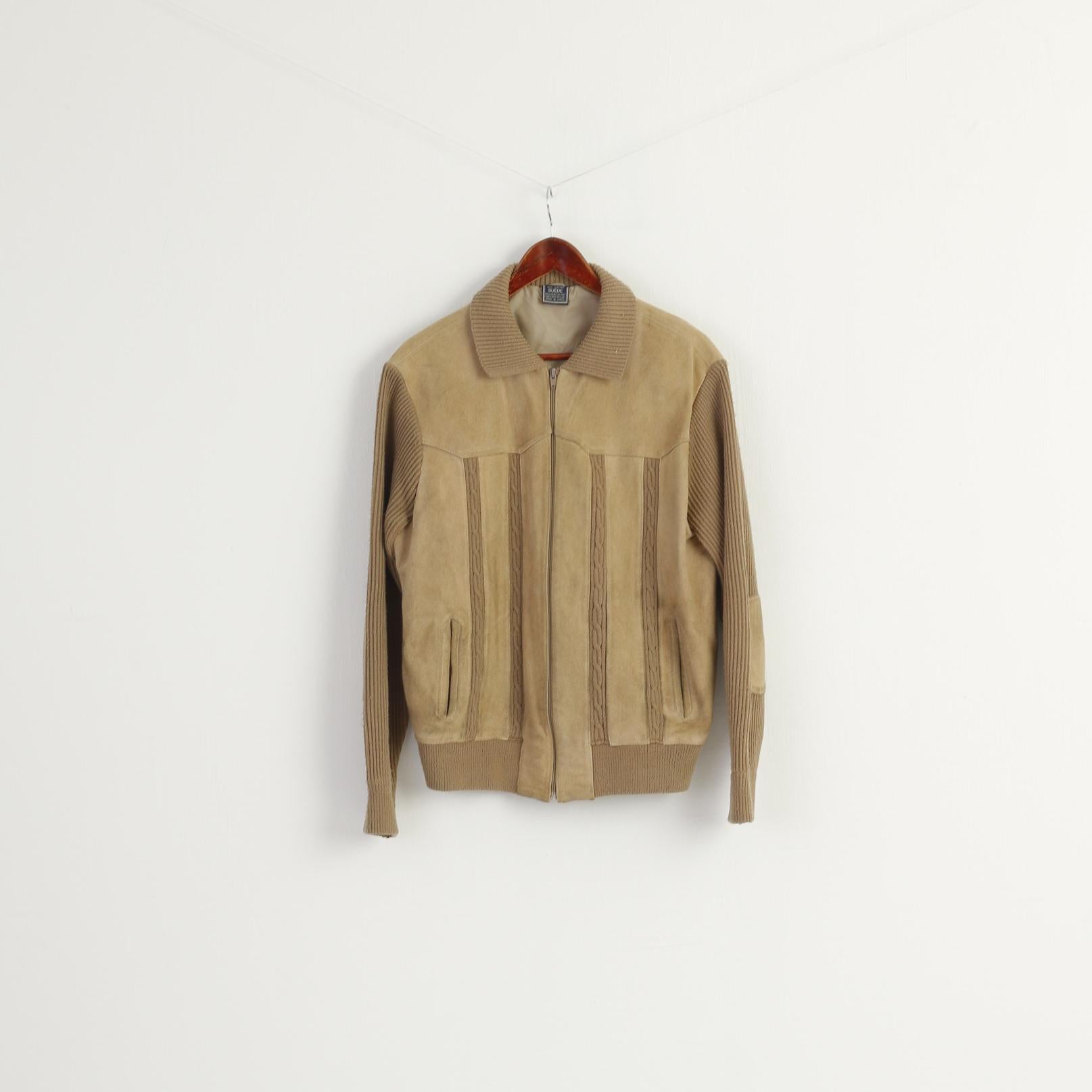 Vintage Men 46 S/M Jacket Beige Suede Leather Knitted Zip Up Retro Classic Korea Top