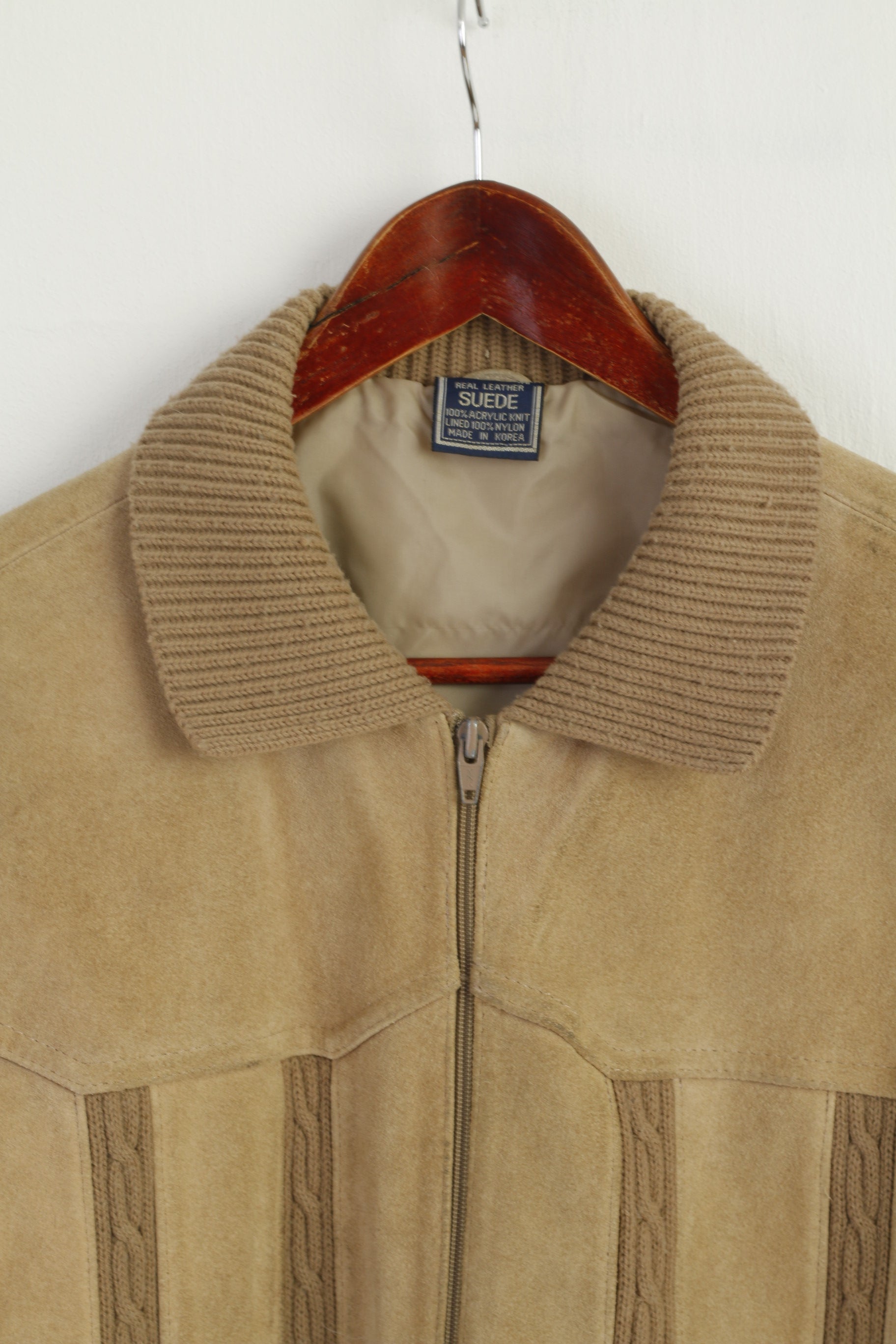 Vintage Men 46 S/M Jacket Beige Suede Leather Knitted Zip Up Retro Classic Korea Top