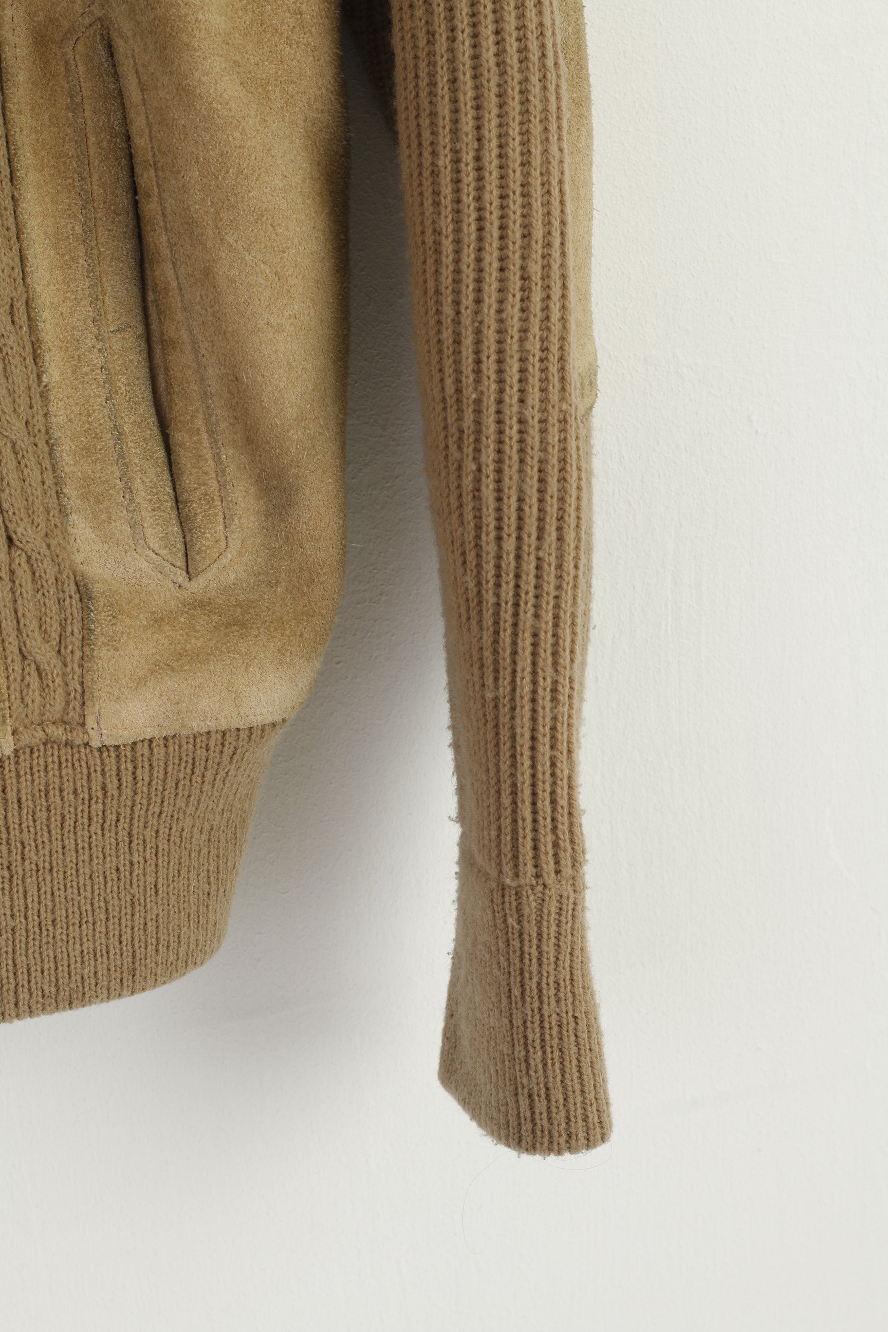 Vintage Men 46 S/M Jacket Beige Suede Leather Knitted Zip Up Retro Classic Korea Top