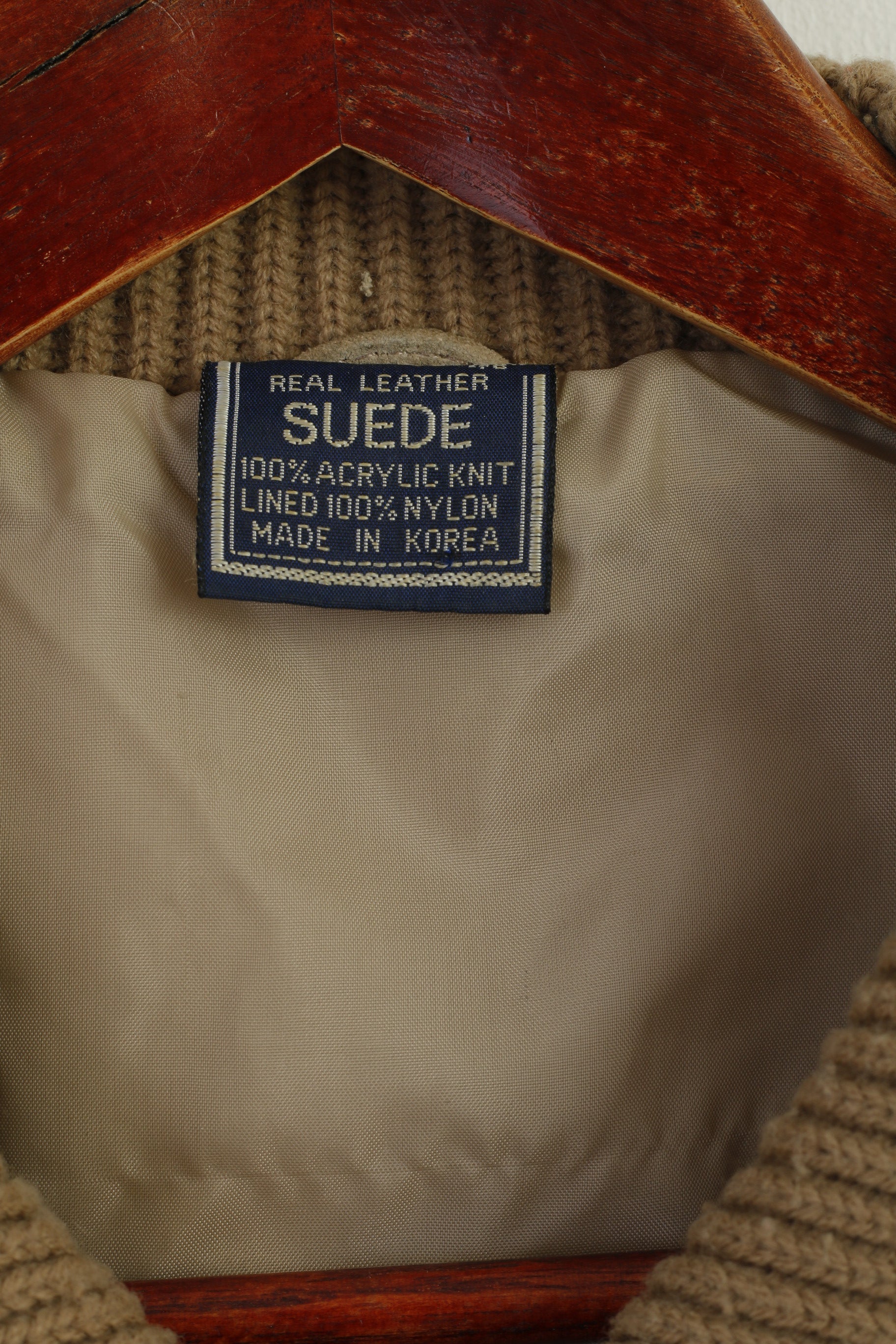 Vintage Men 46 S/M Jacket Beige Suede Leather Knitted Zip Up Retro Classic Korea Top