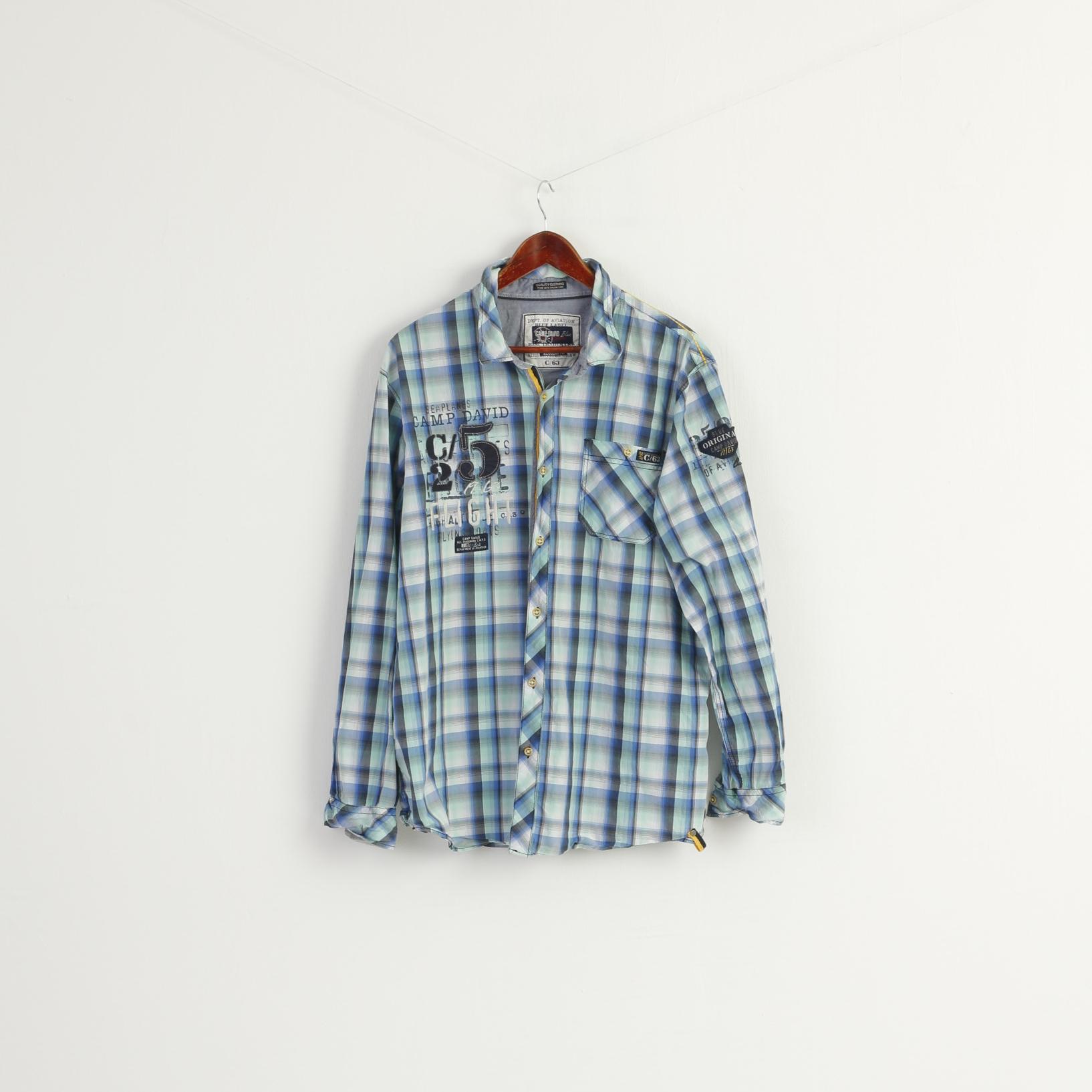 Camp David Men XXL Casual Shirt Blue Check Cotton Blue Label Regular Fit Long Sleeve Top
