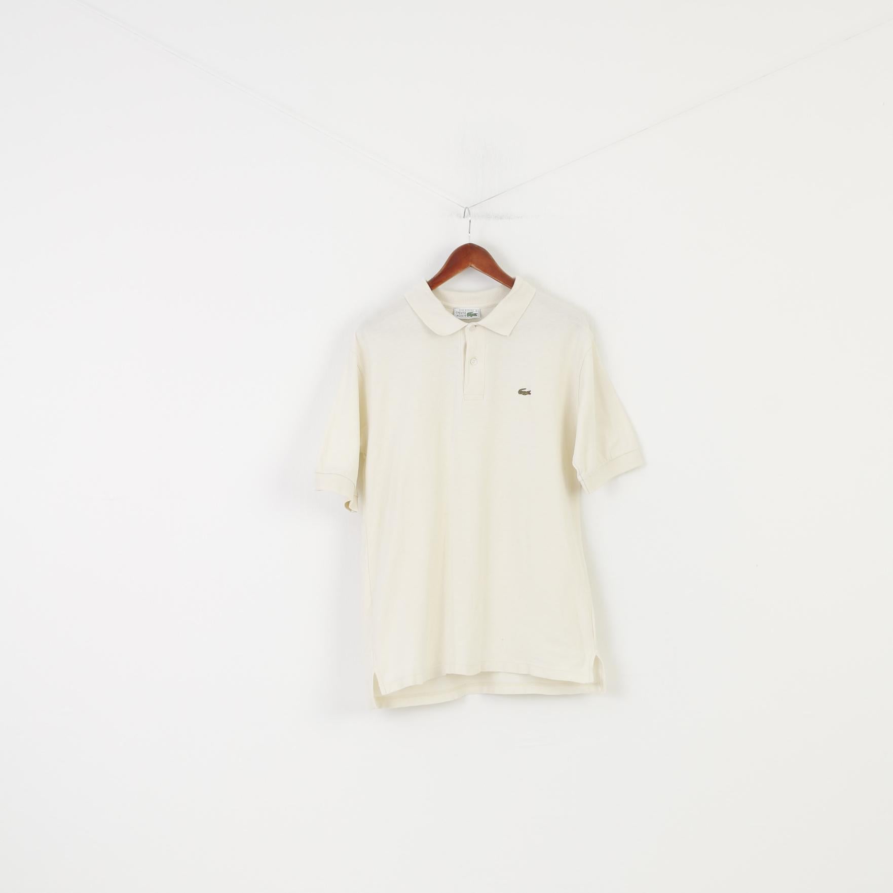 Chemise Lacoste Men L Polo Shirt Vintage Short Sleeve Cream Cotton Collar Top