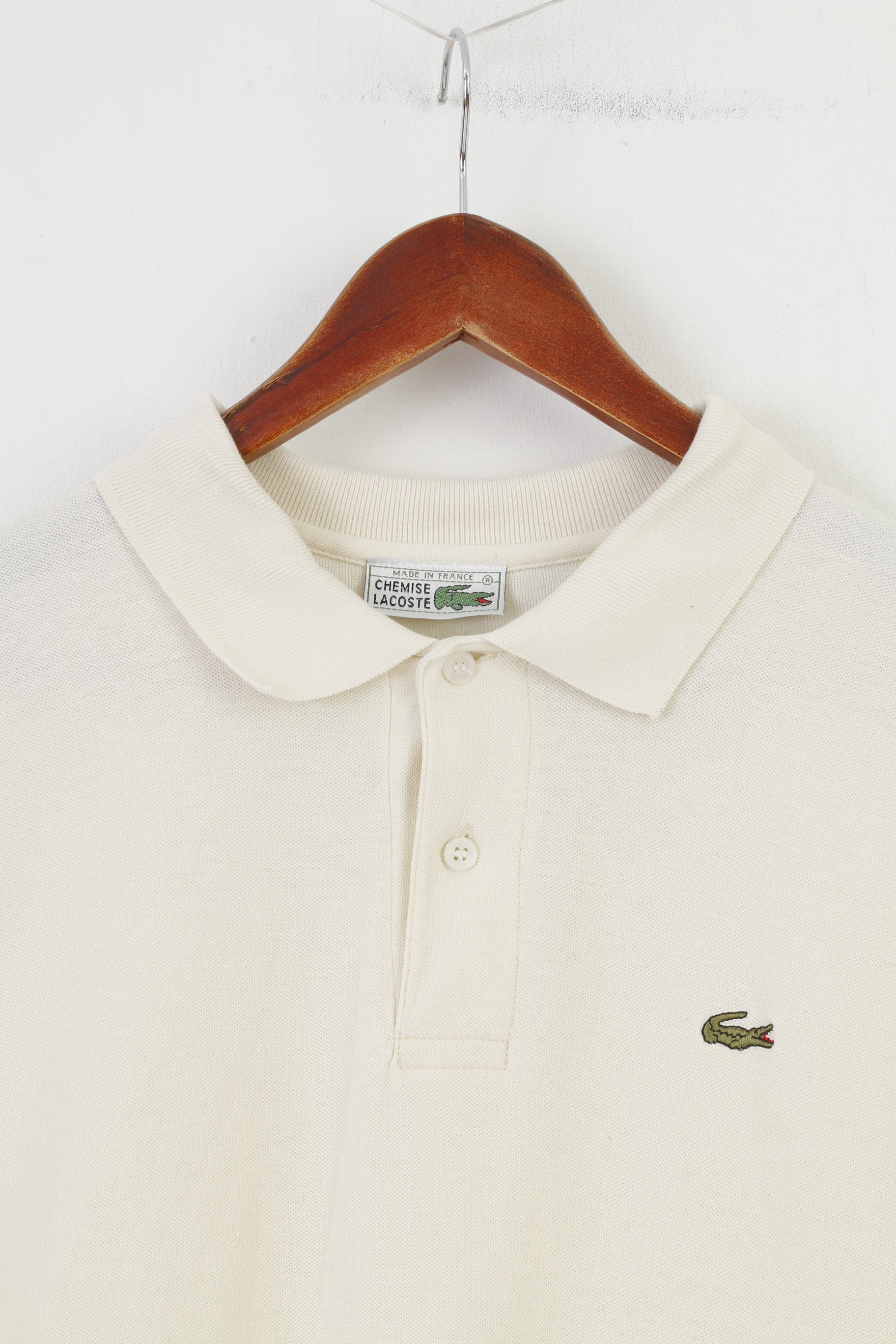 Chemise Lacoste Men L Polo Shirt Vintage Short Sleeve Cream Cotton Collar Top