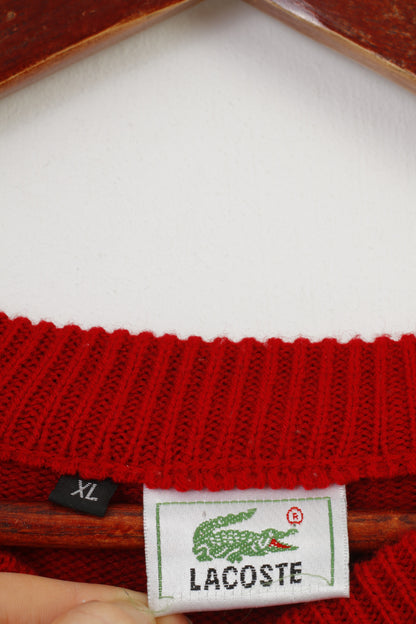 Lacoste Men XL (L) Jumper Red Cotton Vintage  V Neck Classic Retro Sweater