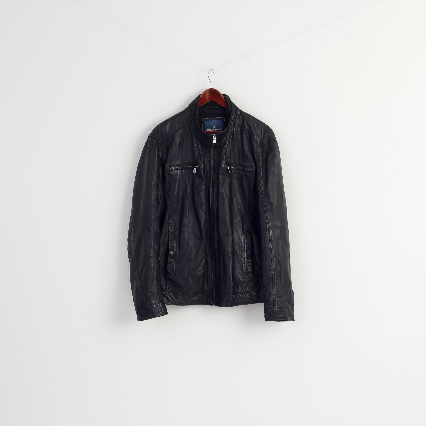 Milestone Men 58 3XL (XL) Jacket Black Leather Nappa Full Zipper Biker Pockets Top