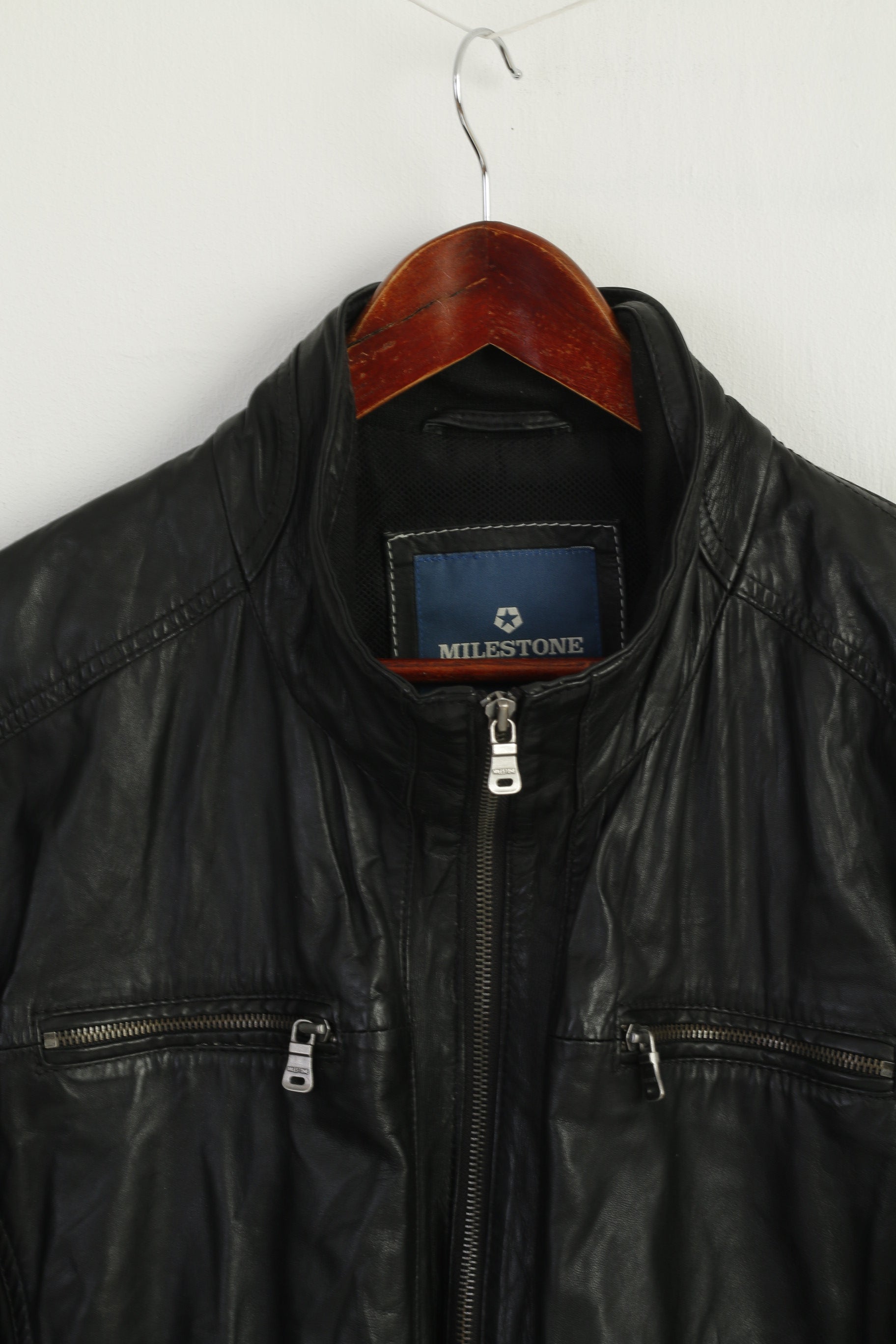 Milestone Men 58 3XL (XL) Jacket Black Leather Nappa Full Zipper Biker Pockets Top