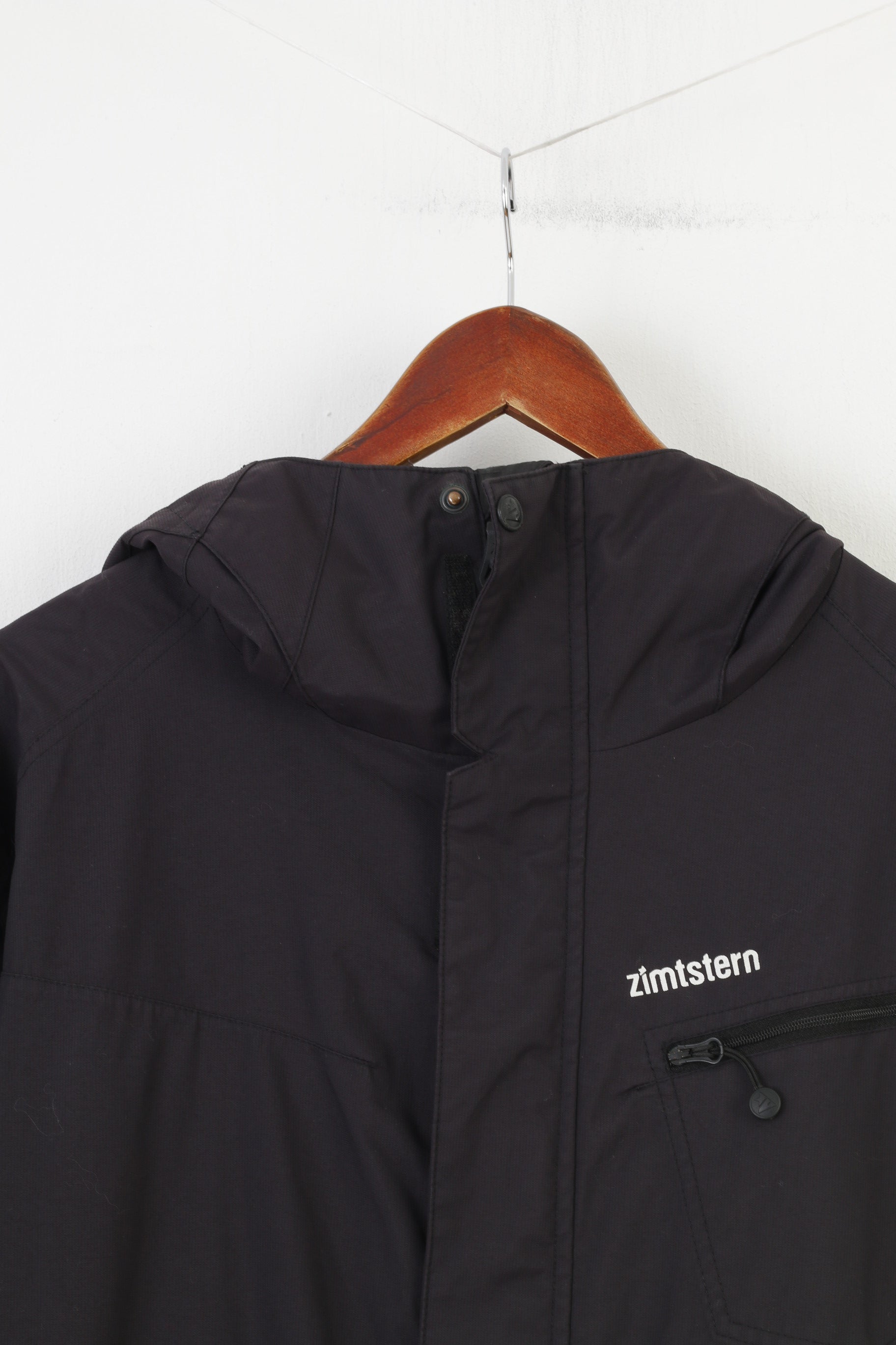 Giacca Zimtstern da uomo L, cappuccio in nylon nero, tasche imbottite per sci invernale, top impermeabile
