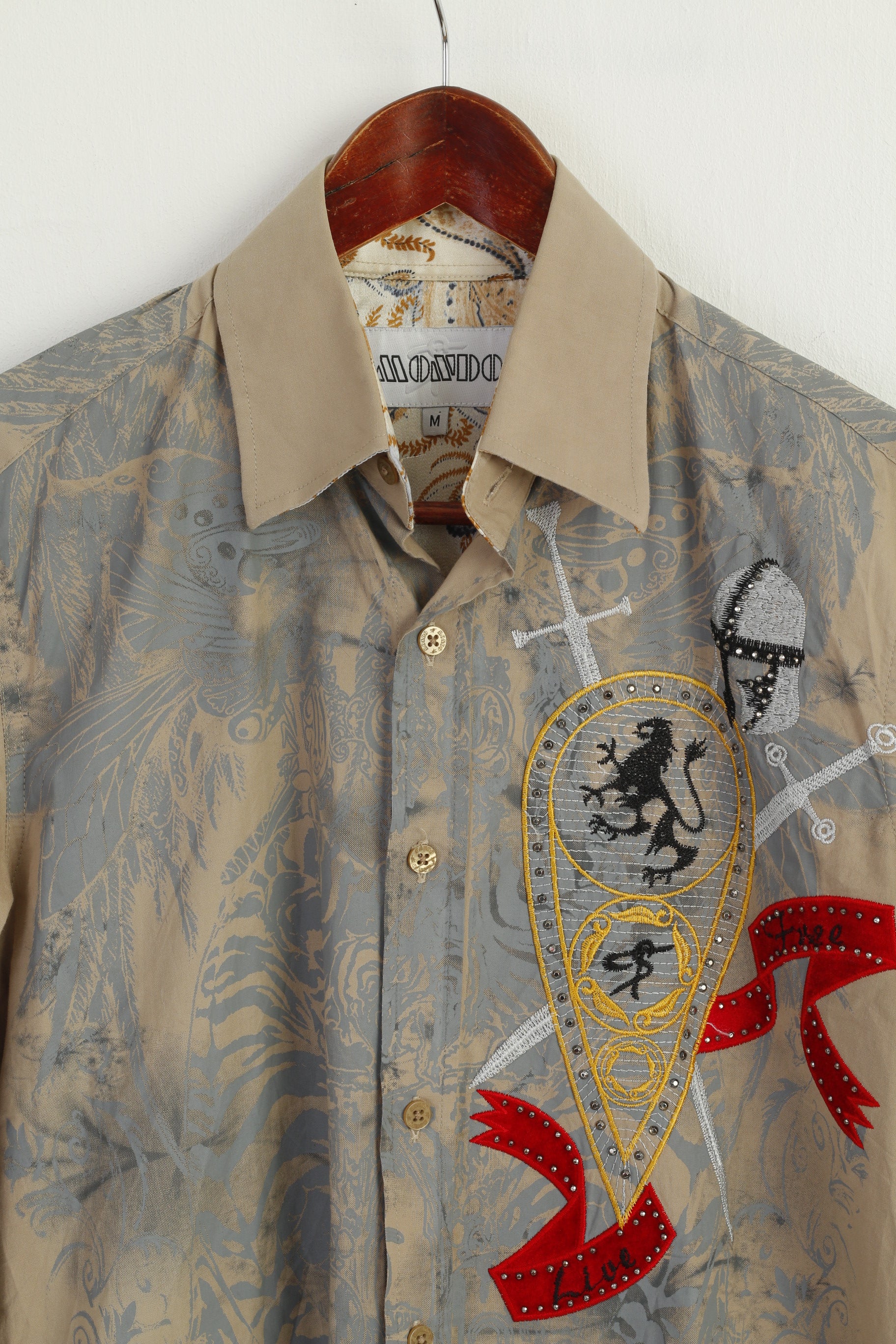 MONDO Men M Casual Shirt Beige Cotton Lycra Emroidered Knight Long Sleeve Top