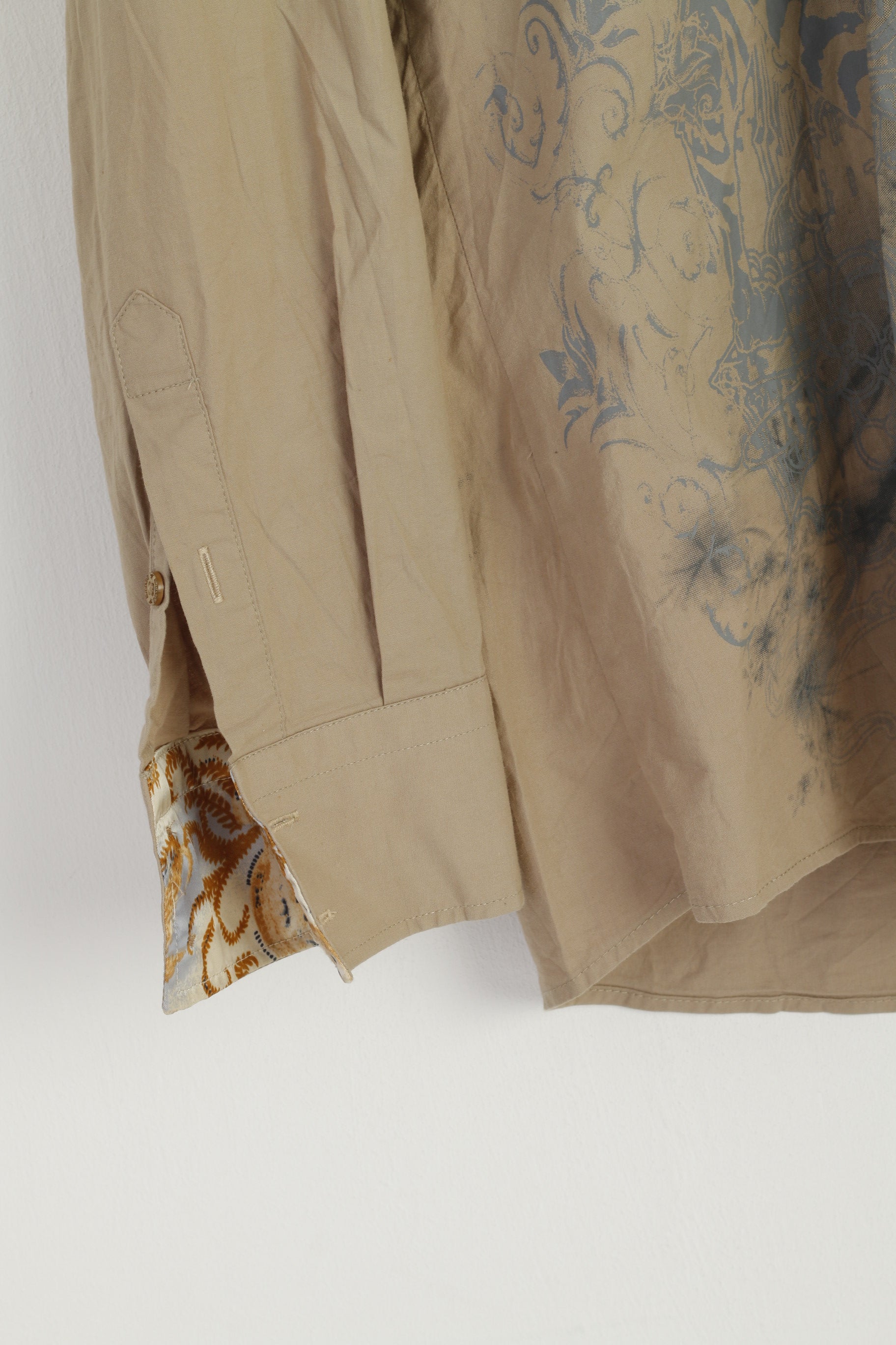 MONDO Men M Casual Shirt Beige Cotton Lycra Emroidered Knight Long Sleeve Top