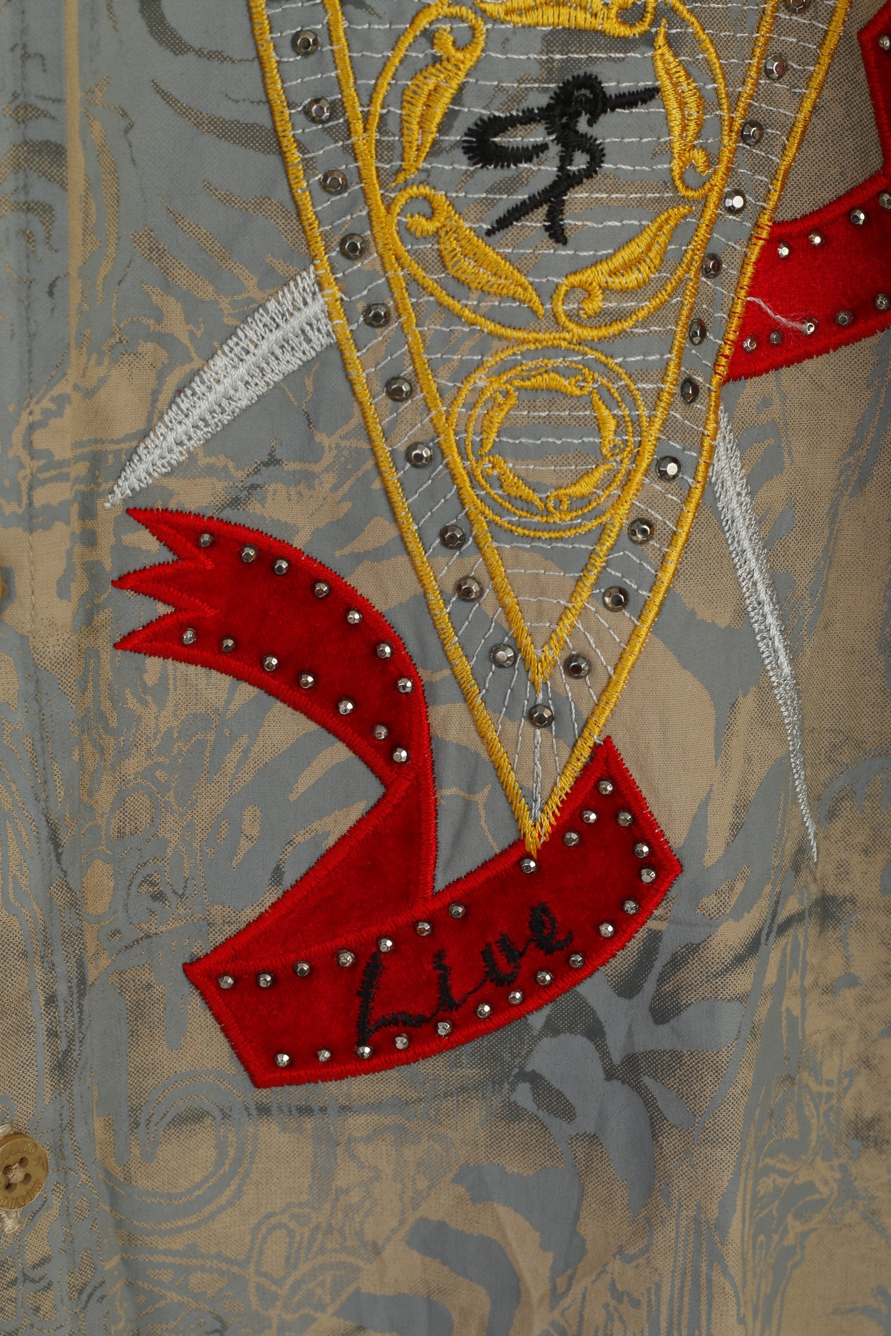 MONDO Men M Casual Shirt Beige Cotton Lycra Emroidered Knight Long Sleeve Top