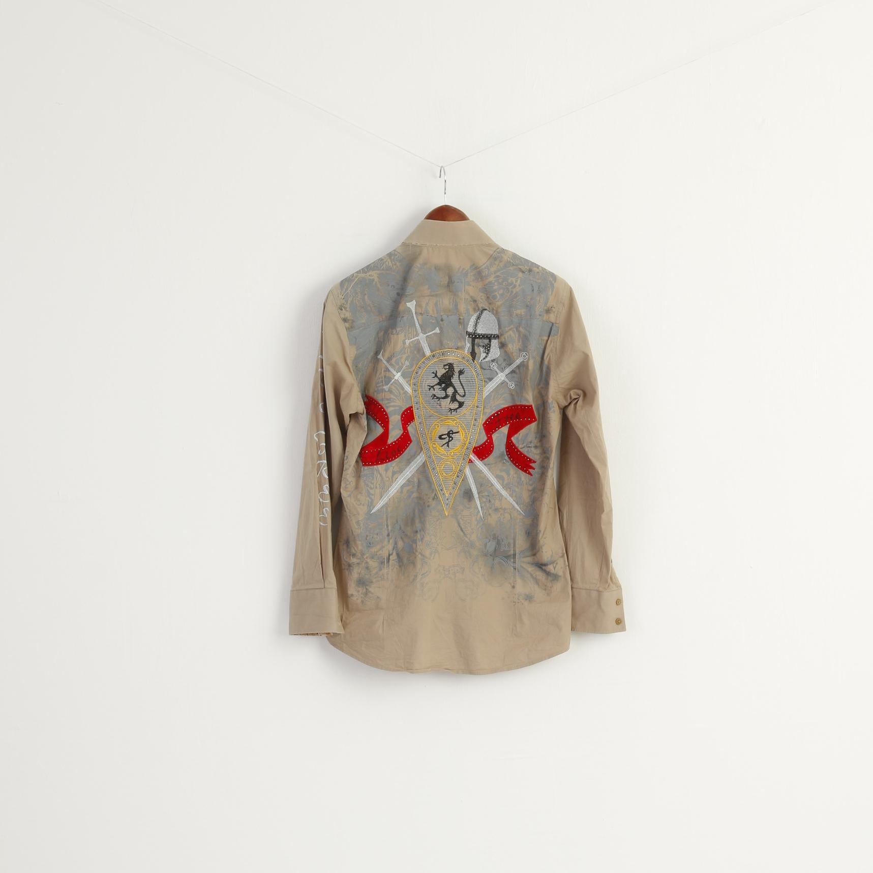 MONDO Men M Casual Shirt Beige Cotton Lycra Emroidered Knight Long Sleeve Top