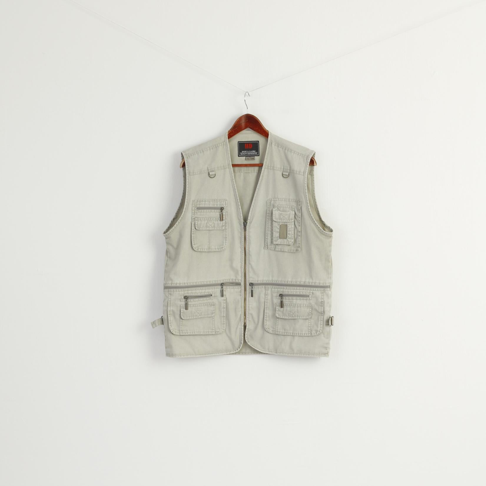 HD Sport & Classic Men L Waistcoat Gray 100% Cotton Multi Pocket Fishing Casual Vest