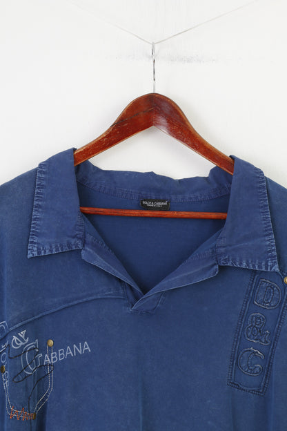 Dolce &amp; Gabbana Homme 4XL Polo Bleu Marine Col V Manches Courtes Fabriqué en Italie Haut en Coton