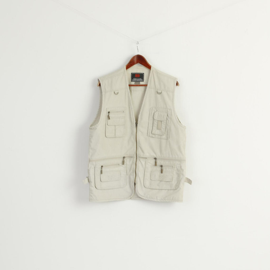 HD Sport & Classic Men L Waistcoat Beige 100% Cotton Multi Pocket Hunting Vest