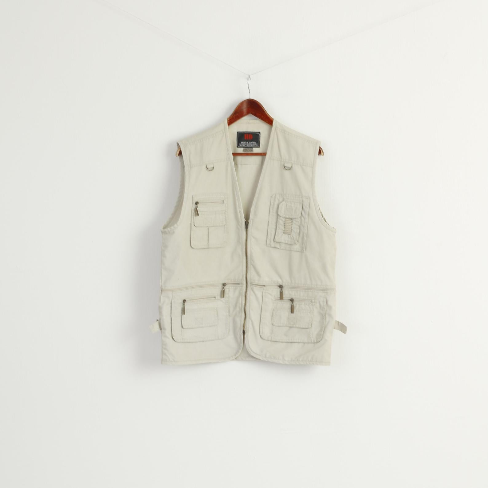 HD Sport & Classic Men L Waistcoat Beige 100% Cotton Multi Pocket Hunting Vest