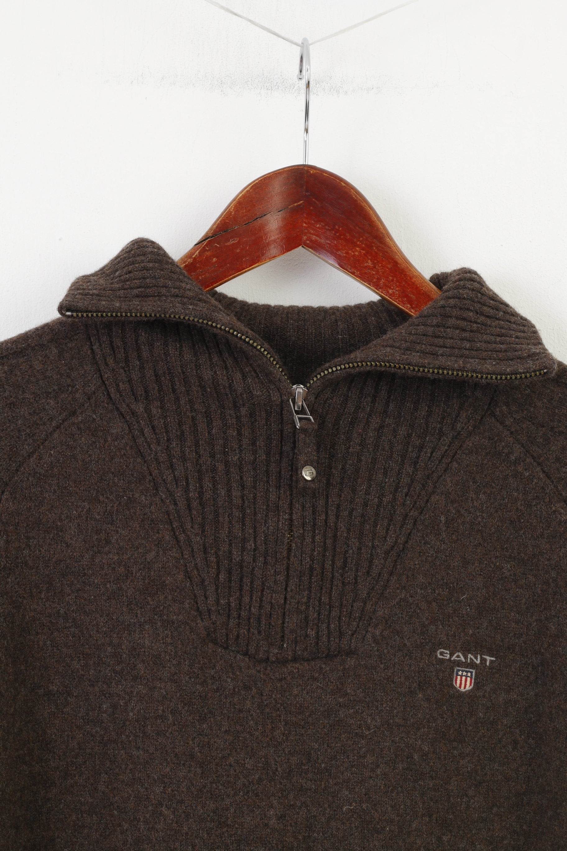 Gant Men M S Jumper Brown Zip Neck Long Sleeve Lambs Wool Winter Top