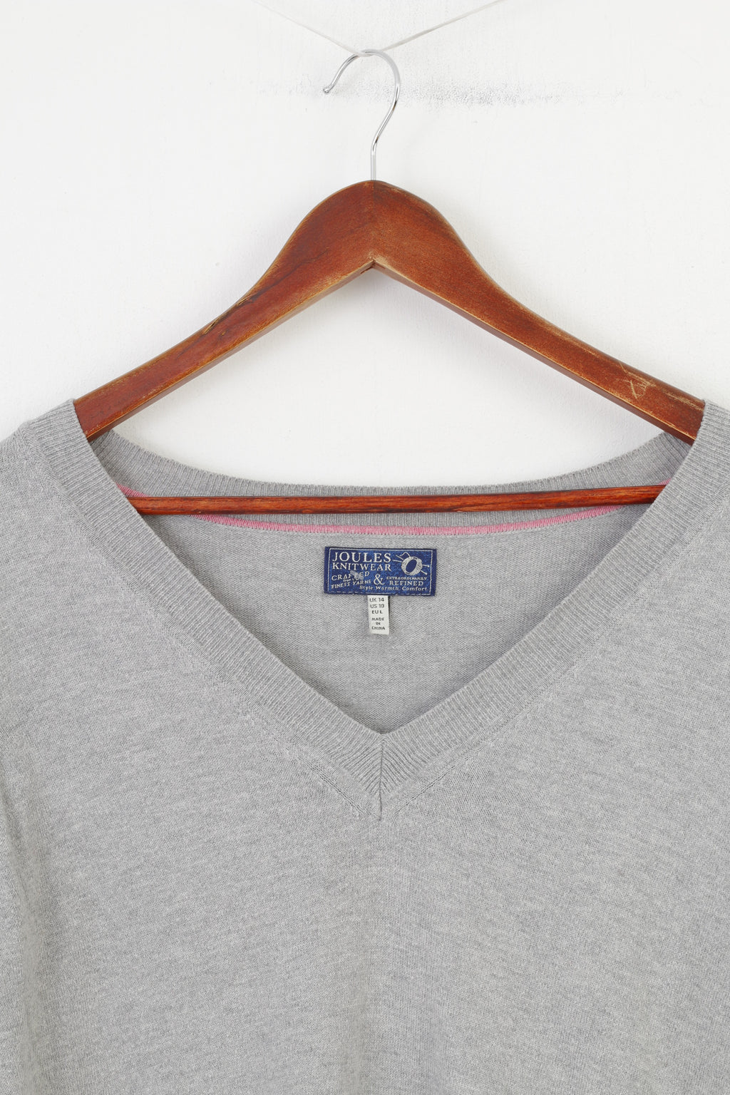 Joules Women L Jumper Gray Cotton Blend Vintage Knitwear V Neck Sweater