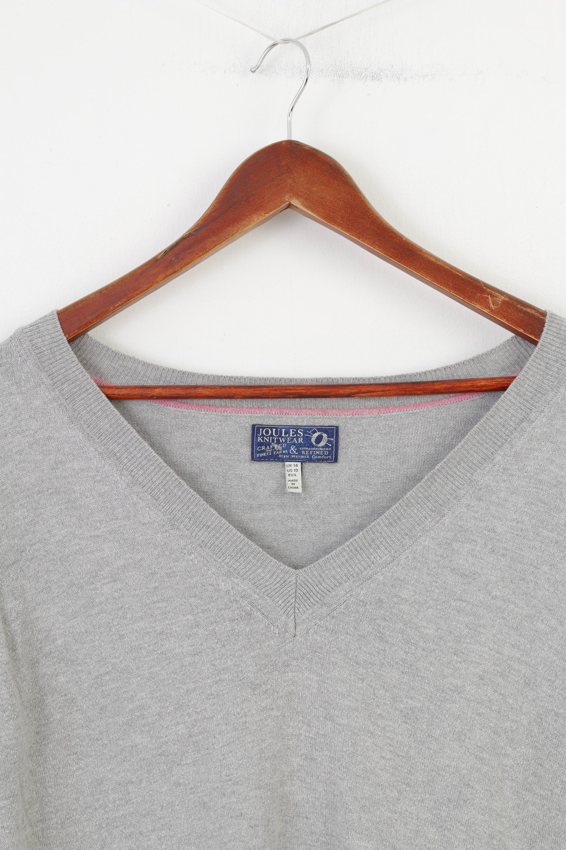 Joules Women L Jumper Gray Cotton Blend Vintage Knitwear V Neck Sweater