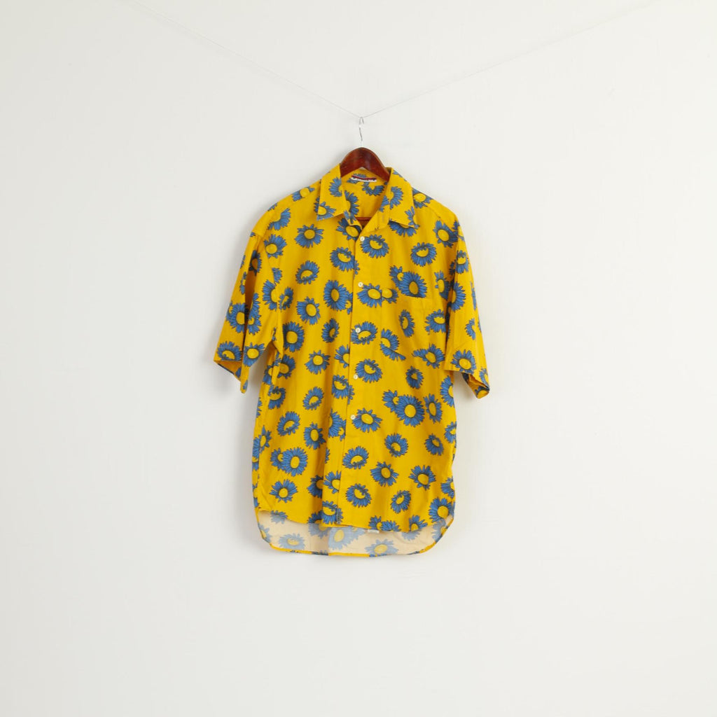 ETNIC Men L Casual Shirt Yellow Sunflowers Print Vintage Cotton Short Sleeve Top