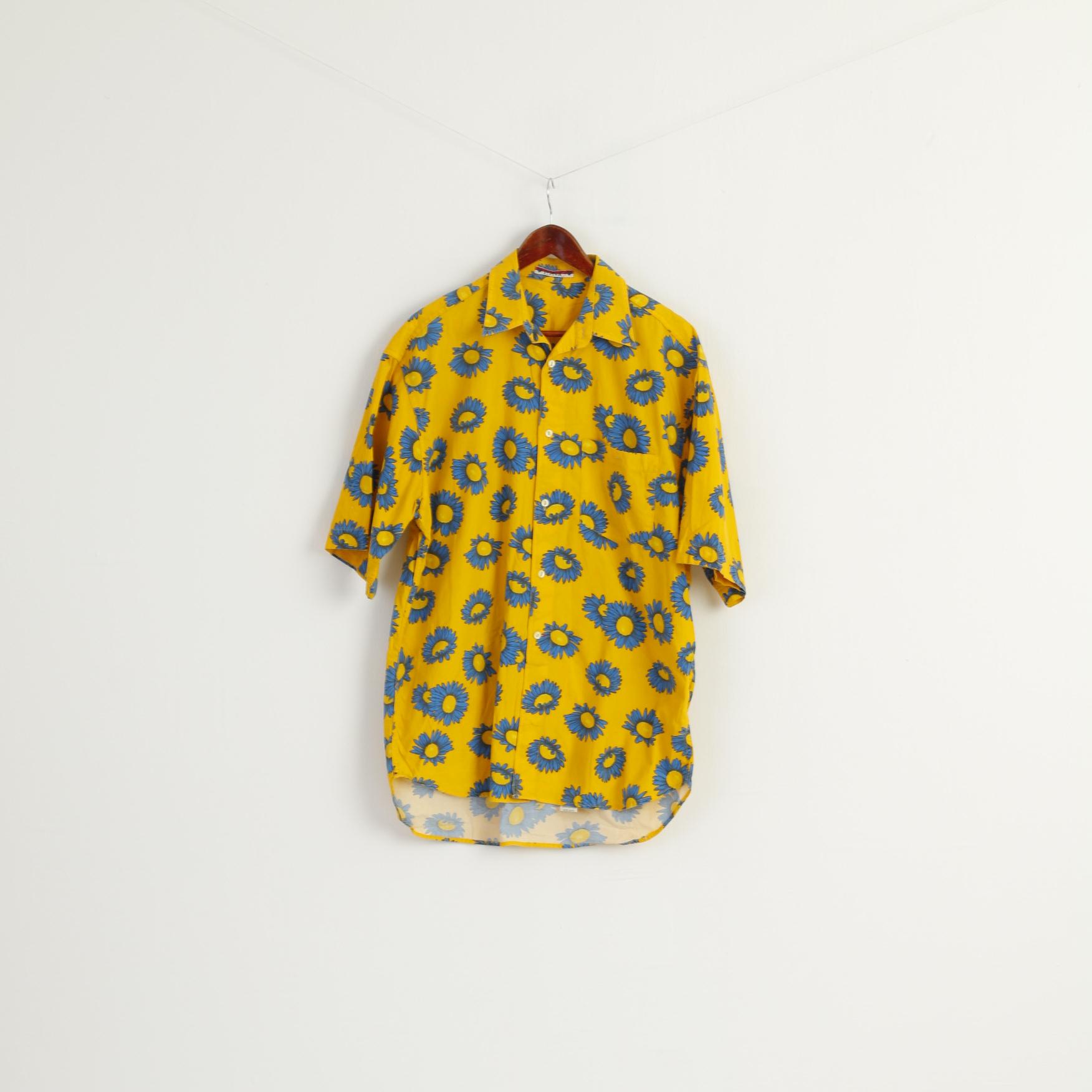 ETNIC Men L Casual Shirt Yellow Sunflowers Print Vintage Cotton Short Sleeve Top