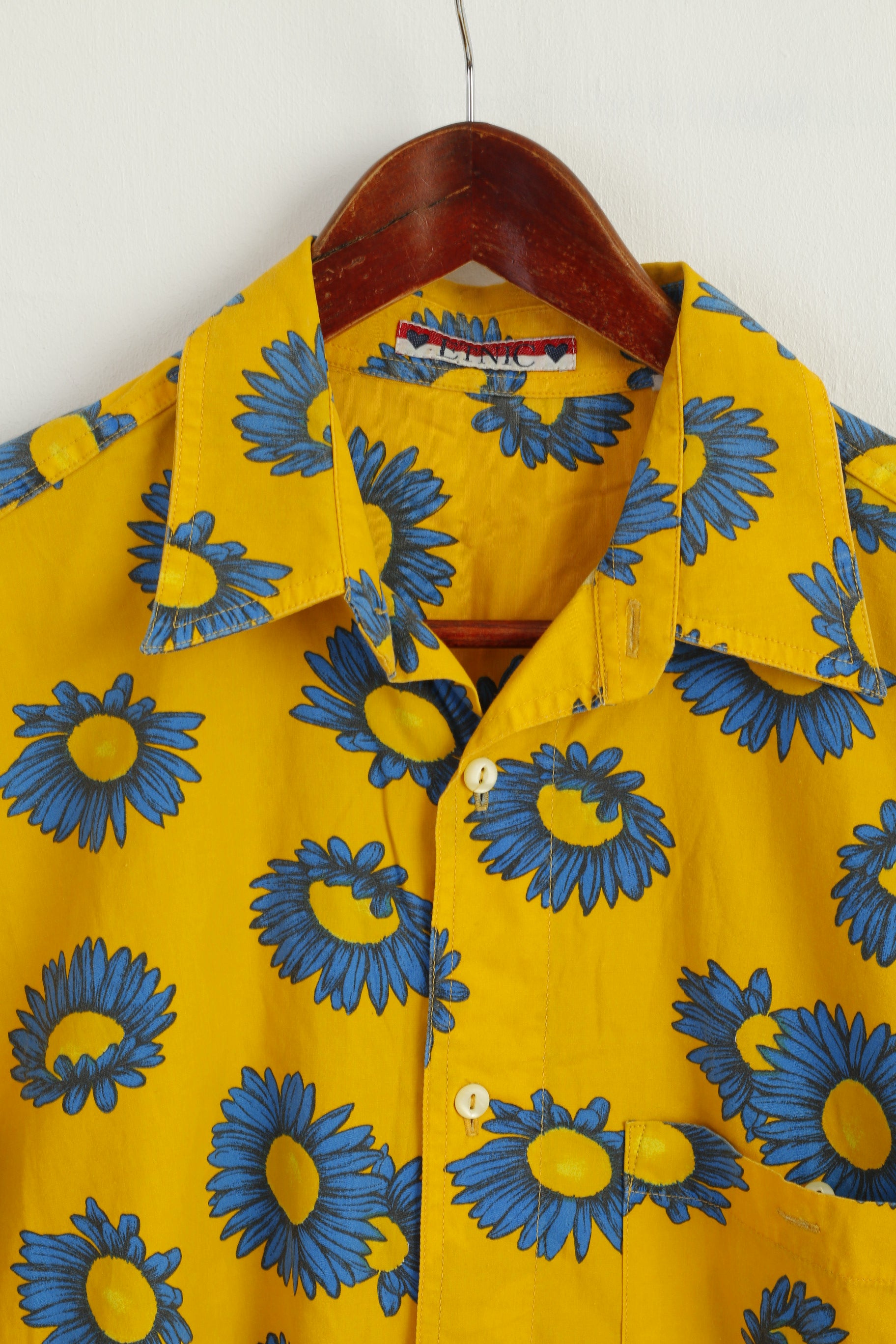 ETNIC Men L Casual Shirt Yellow Sunflowers Print Vintage Cotton Short Sleeve Top