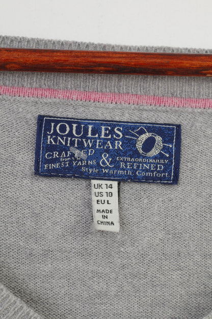 Joules Femme L Jumper Gris Coton Mélangé Vintage Tricots Col V Pull