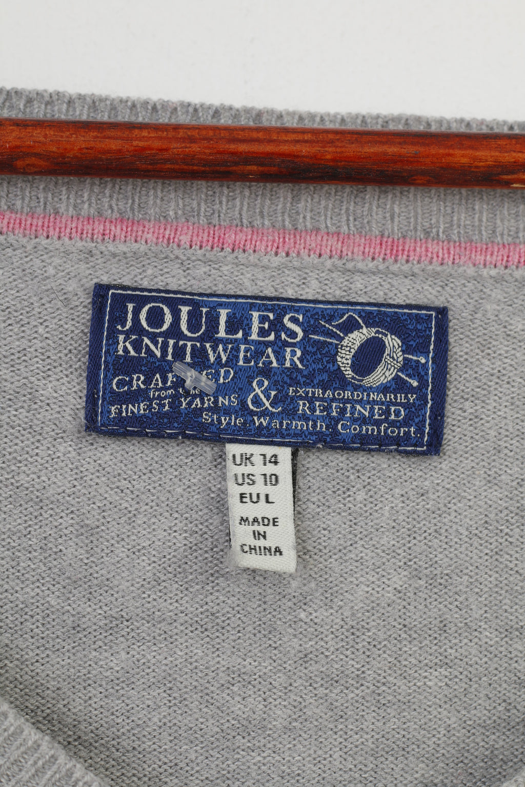 Joules Women L Jumper Gray Cotton Blend Vintage Knitwear V Neck Sweater