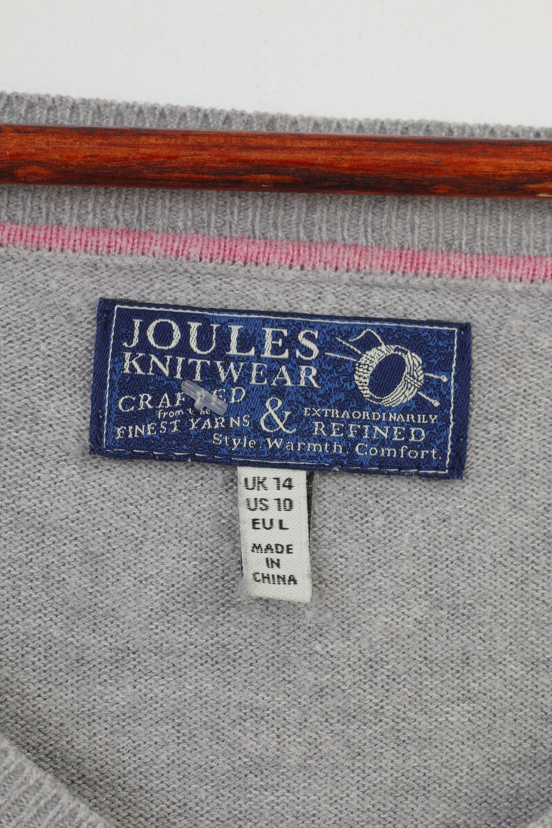 Joules Women L Jumper Gray Cotton Blend Vintage Knitwear V Neck Sweater