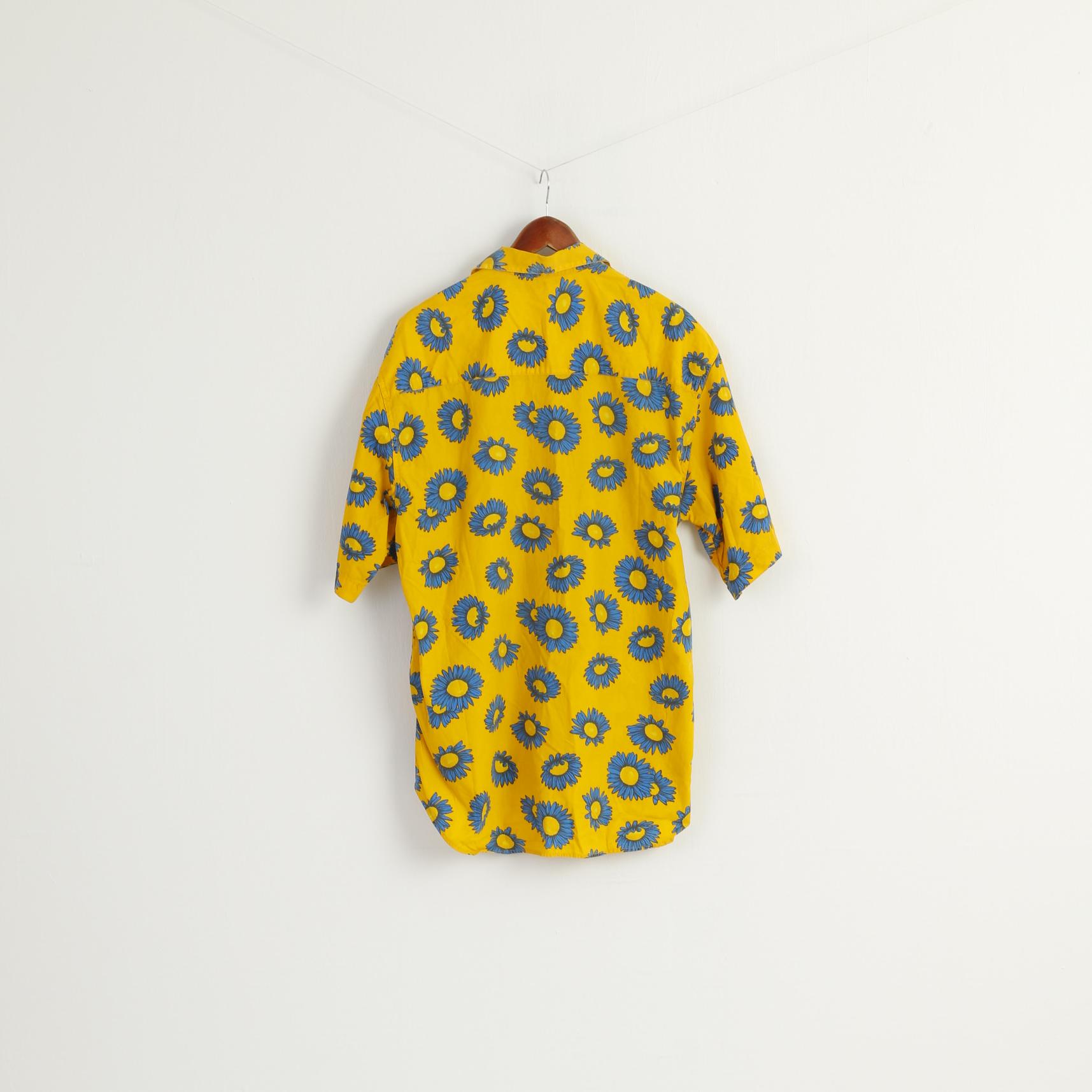 ETNIC Men L Casual Shirt Yellow Sunflowers Print Vintage Cotton Short Sleeve Top