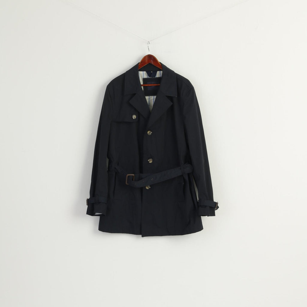 Tommy Hilfiger Tailored Men 54 L Coat Navy Shiny Belted Buttoned Casual Top