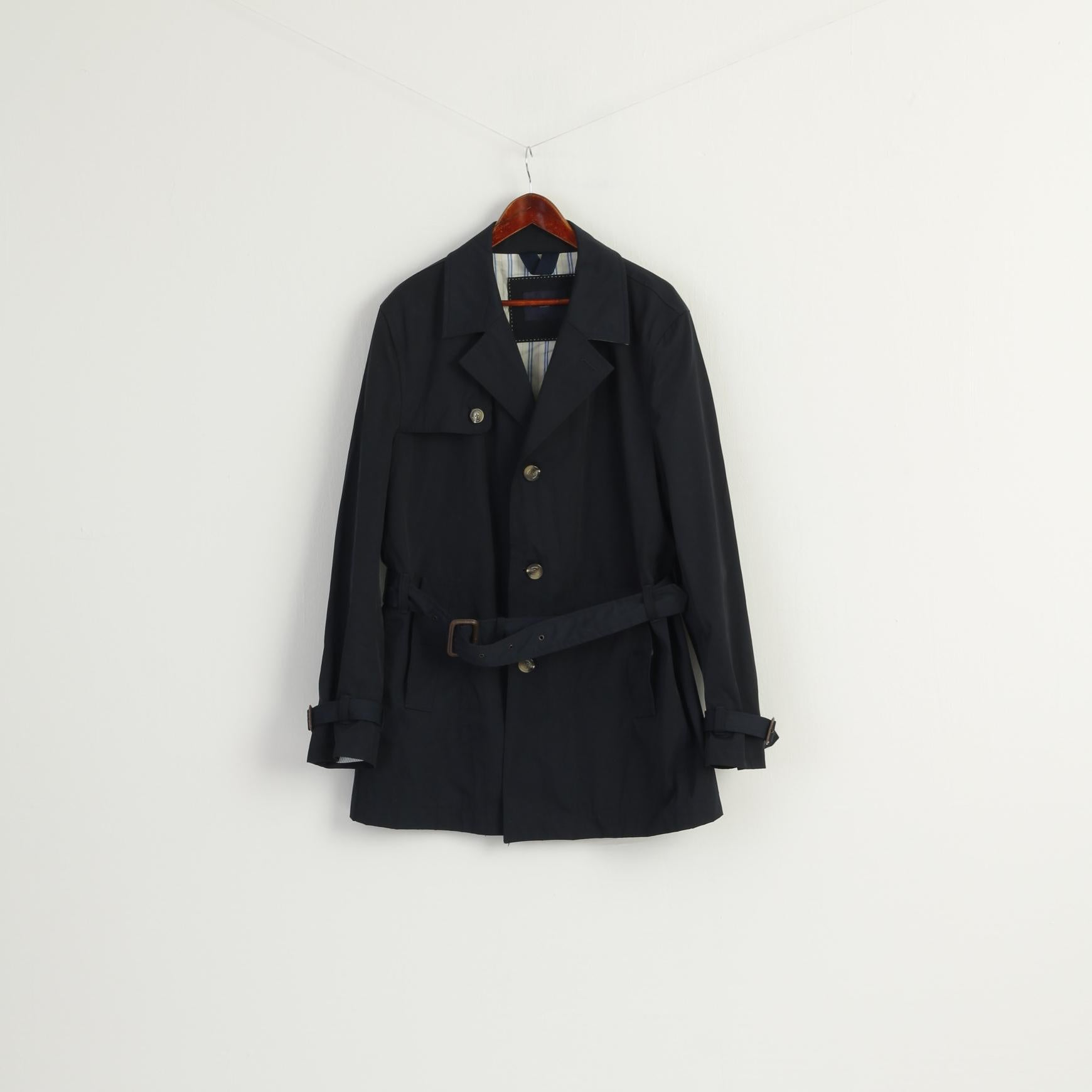 Tommy Hilfiger Tailored Men 54 L Coat Navy Shiny Belted Buttoned Casual Top