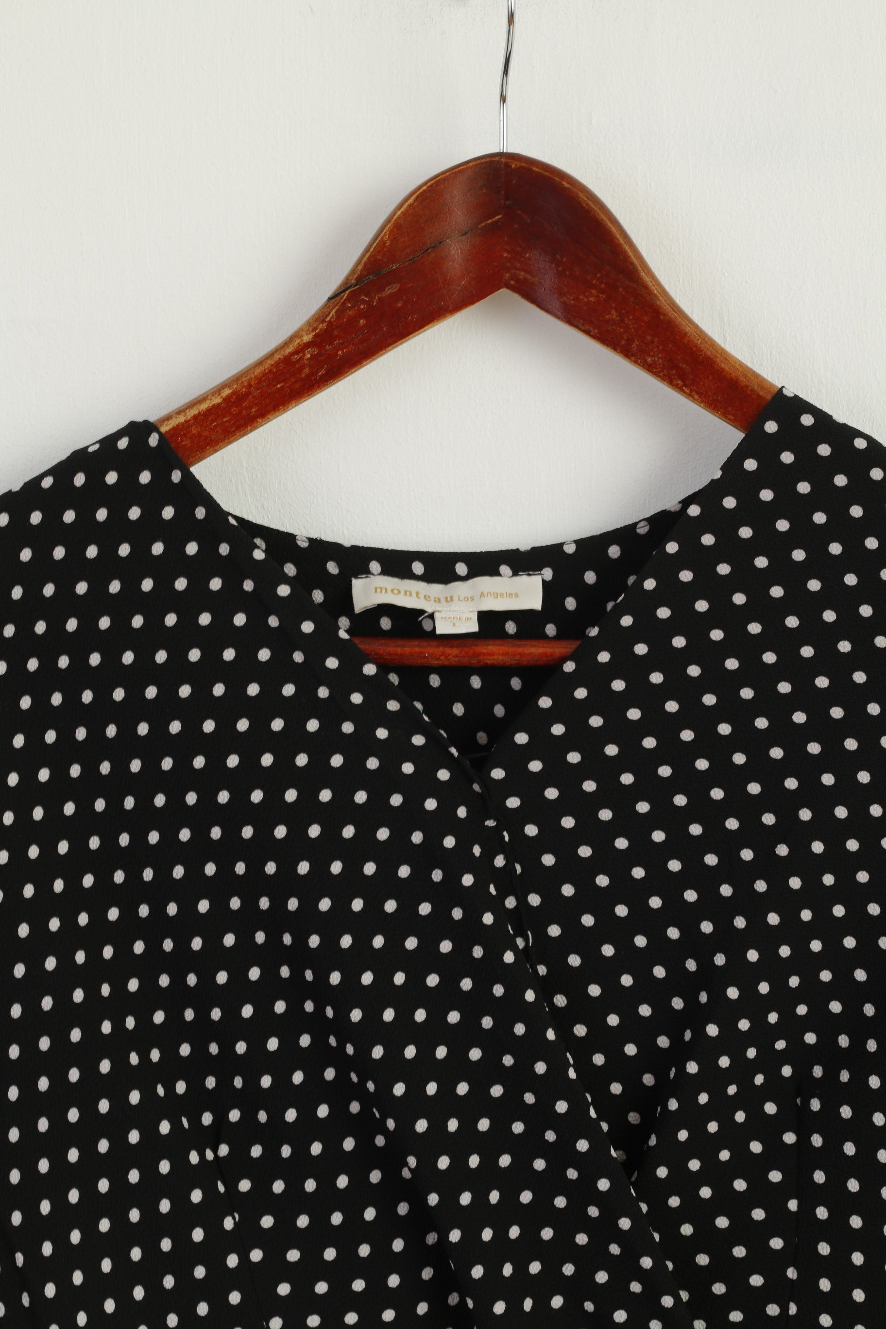 Monteau Los Angeles Women L (M) Midi Dress Black White Dots Vintage Style Monteau Los Angeles Women L (M) Midi Dress Black White Dots Vintage Style