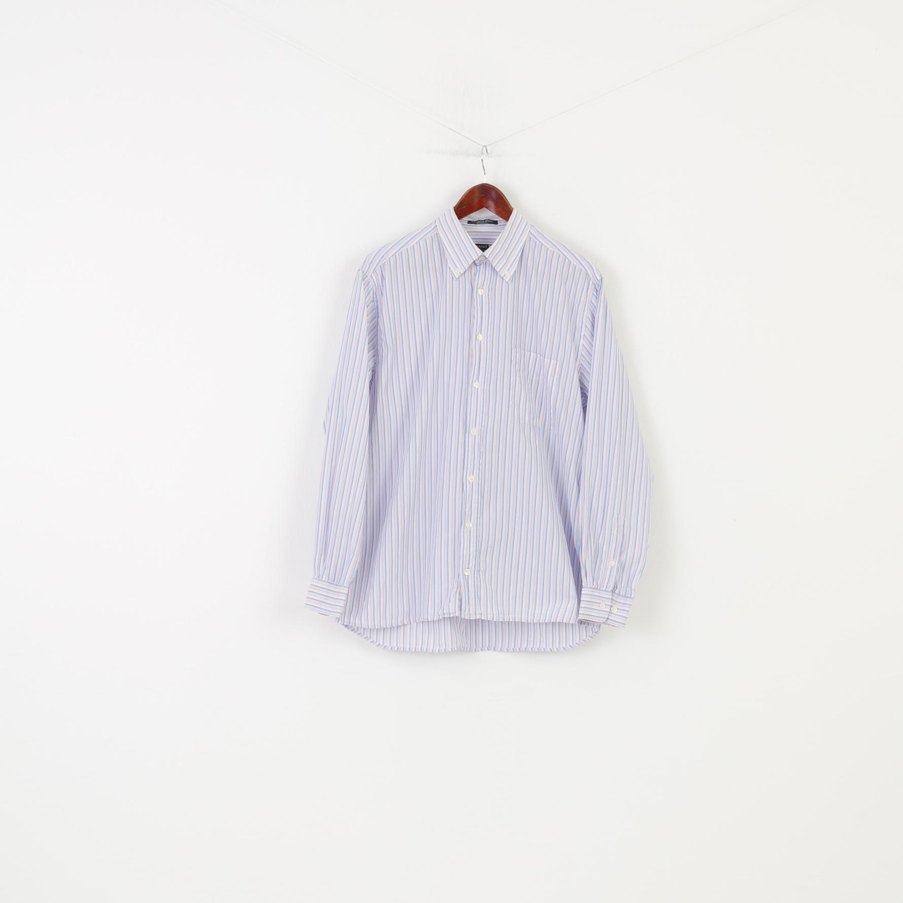 Gant Men L Casual Shirt Striped Blue Pink Regular Fit Collar Cotton Vineyard Poplin Top