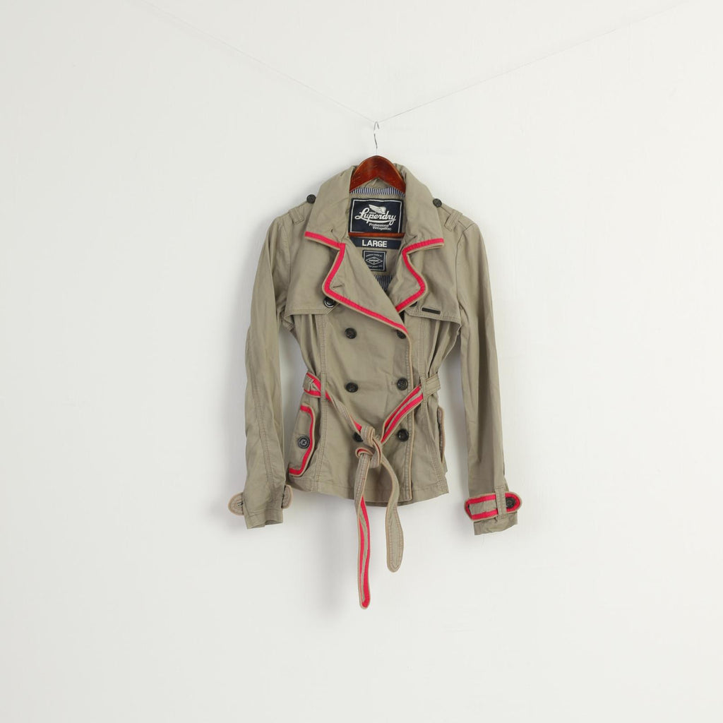 Superdry Women L (M) Jacket Beige Vintage Mac 100% Cotton Beldted Fited Top